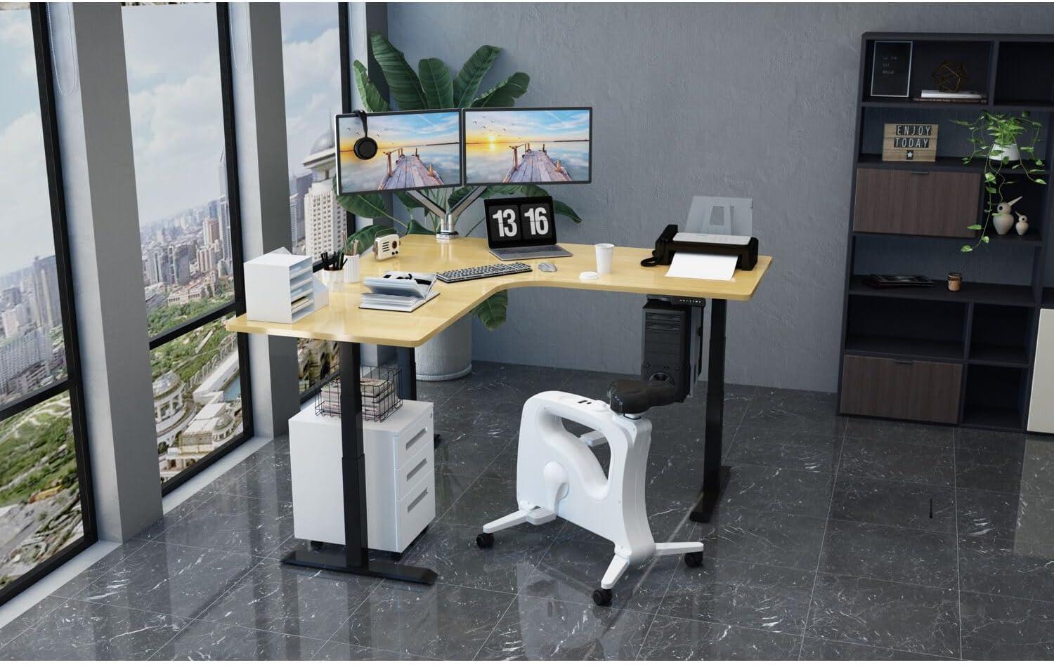 Natural and Black L-Shaped Adjustable Standing Desk with USB Port