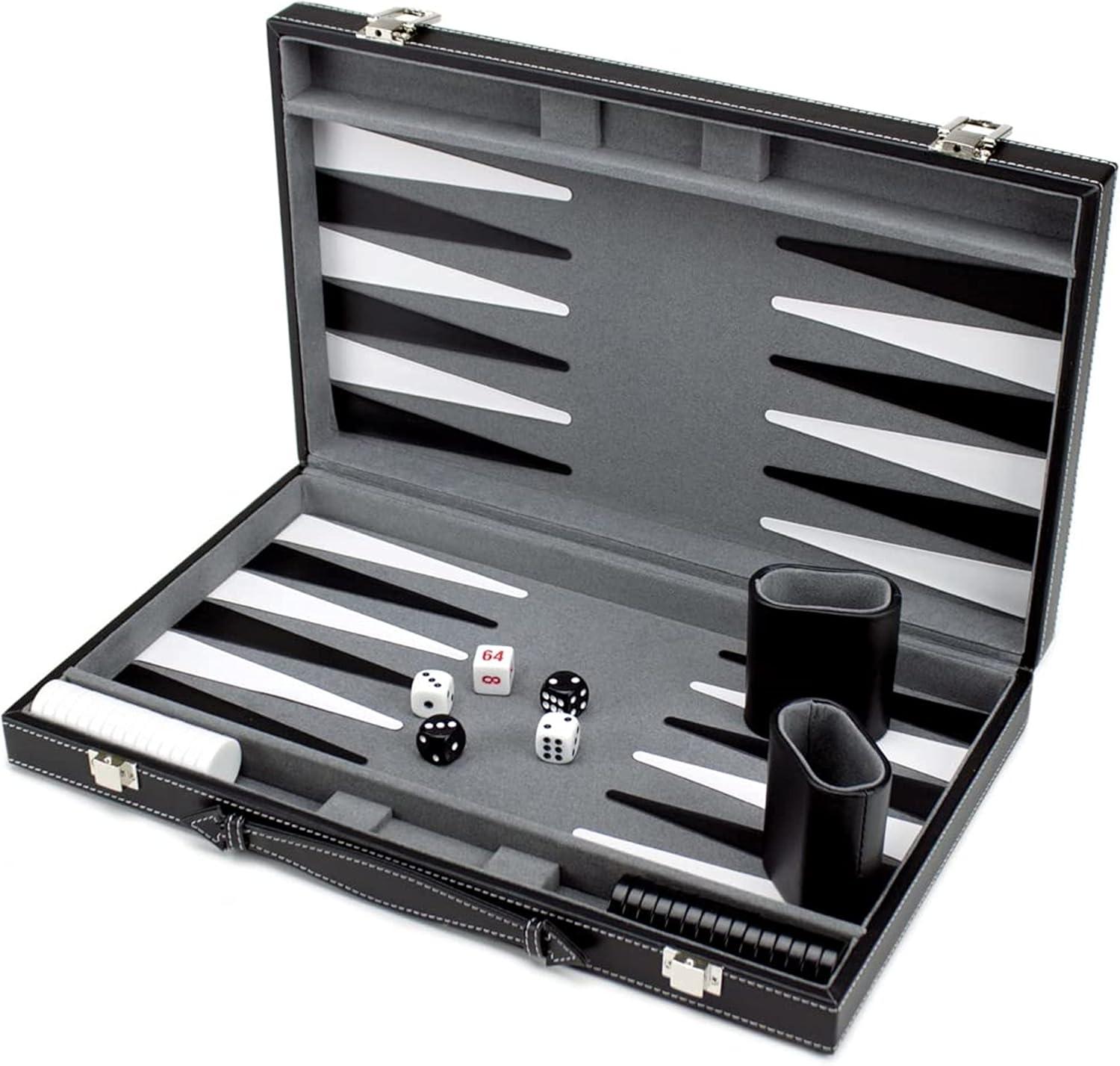 Deluxe 15-Inch Black Leatherette Backgammon Set with Dice Cups