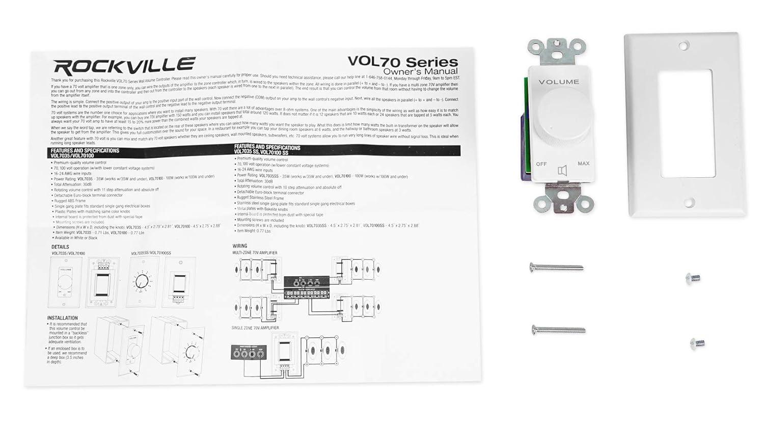 Rockville VOL7035 Caja Controladora de Zona de Control de Volumen de Pared Blanca 35w 70v 1 Unidad