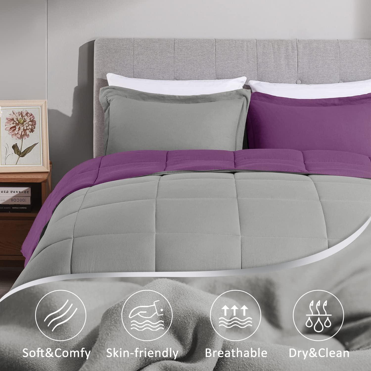 Queen Purple and Grey Reversible Microfiber Comforter Set