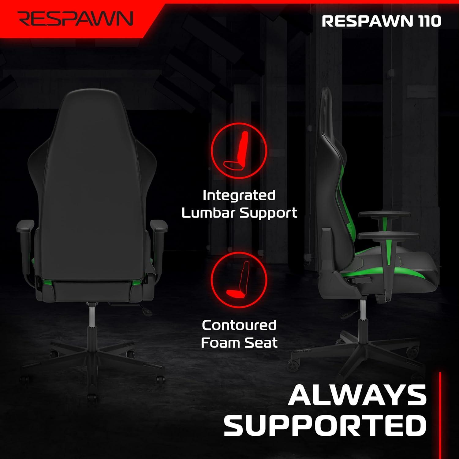 RESPAWN 110 Gaming Chair - Gamer Chair PC Computer Chair, Ergonomic Gaming Chairs, Office Chair with Integrated Headrest, Gaming Chair for Adults 135 Degree Recline with Angle Lock