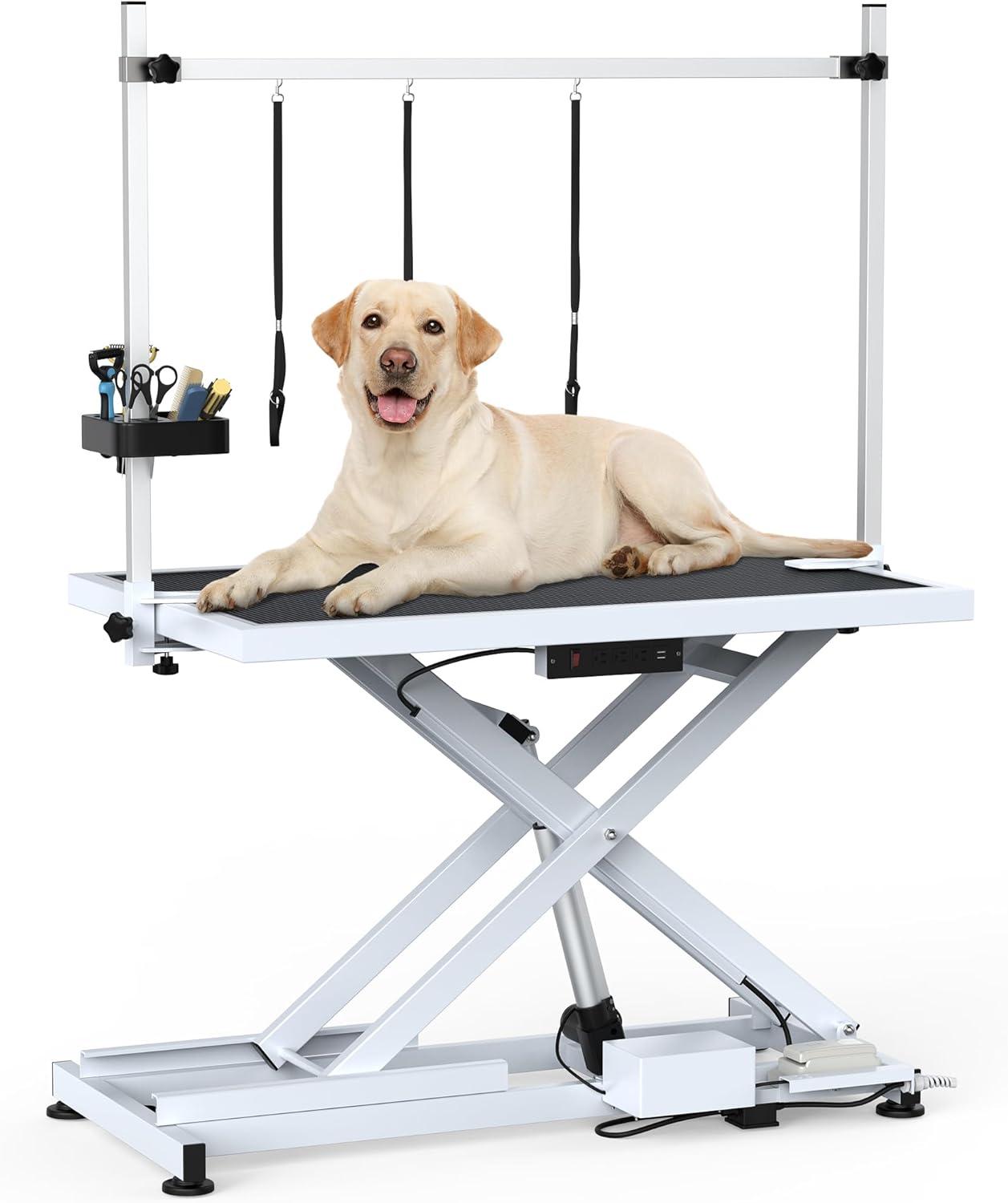 Dextrus 50" Dog Grooming Table Heavy Duty Electric Lift Pet Grooming Table for Large Dogs, Adjustable Overhead Arm Anti Slip Tabletop Tool Organizer, Dog Grooming Station