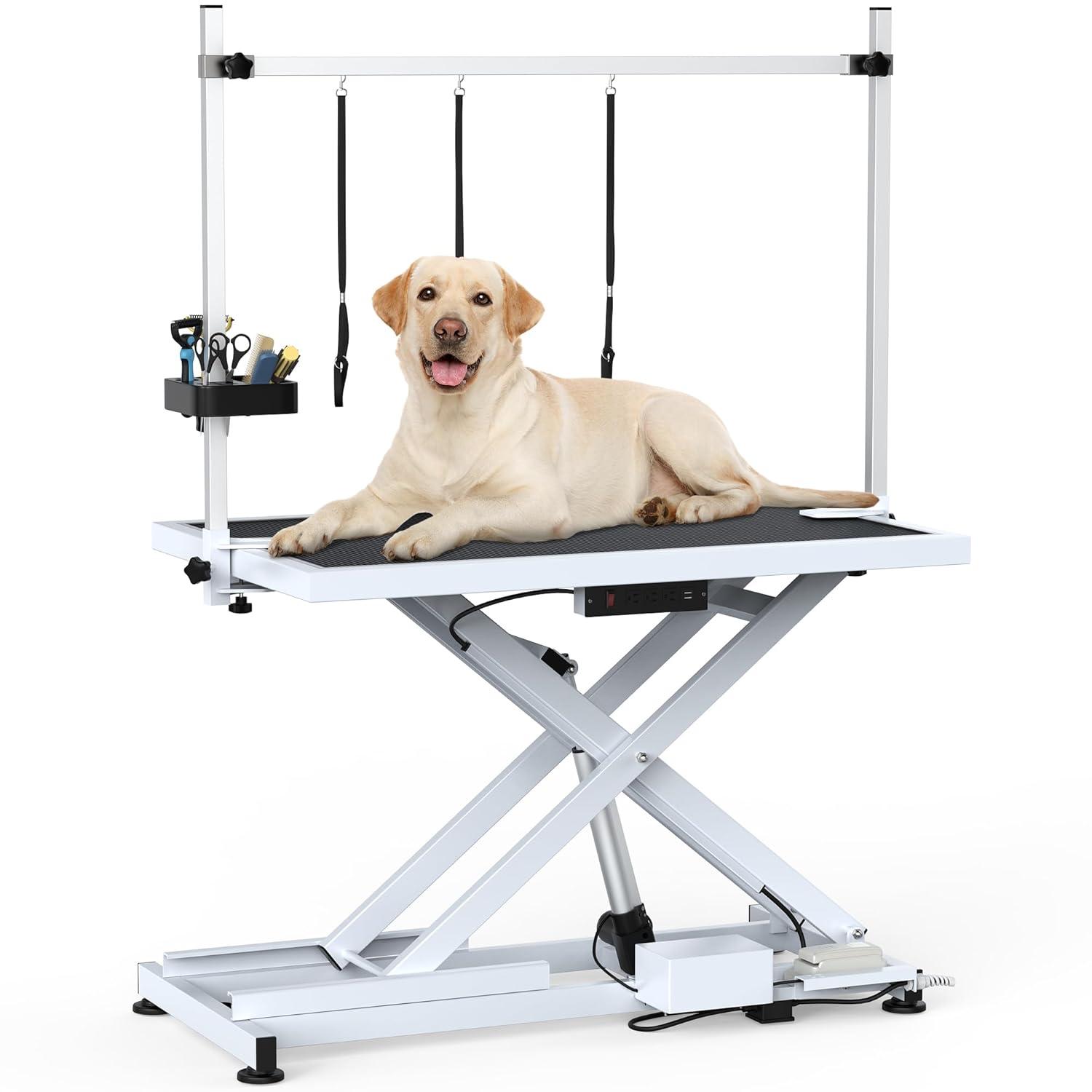 Dextrus 50" Dog Grooming Table Heavy Duty Electric Lift Pet Grooming Table for Large Dogs, Adjustable Overhead Arm Anti Slip Tabletop Tool Organizer, Dog Grooming Station