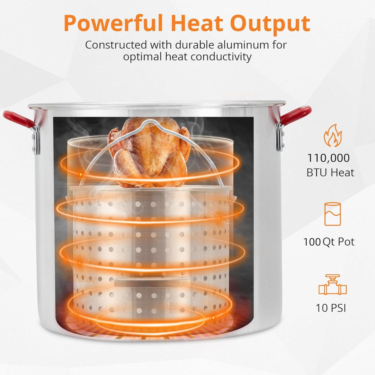 TROPOW 100 Qt Seafood Boil Pot,ACONEE Aluminum Crawfish Boiler w/Steam/Boil Basket & Strainer,110000 BTU Propane Stove Burner with Lifting Hook,10 PSI Regulator,Outdoor Cooking Shrimp Crab Boiler