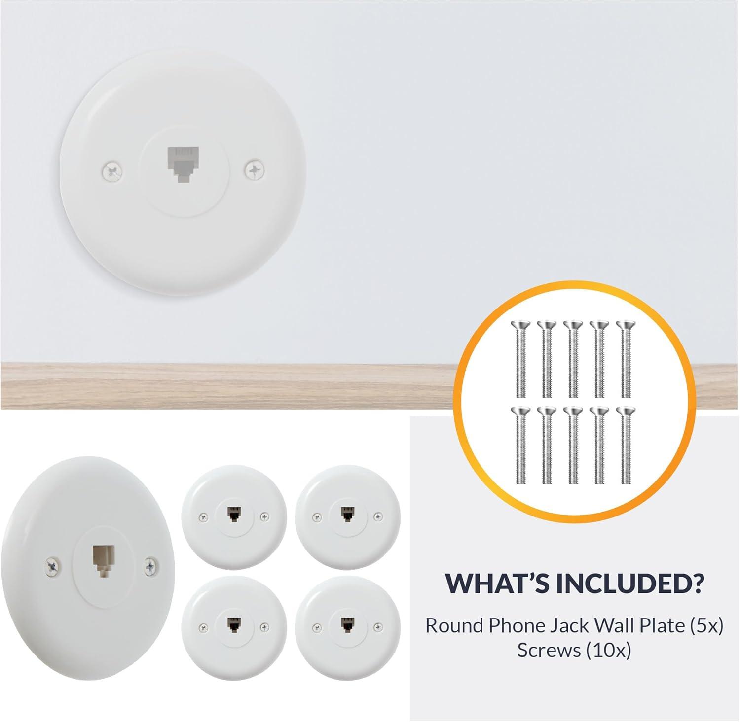 Newhouse Hardware 1-Port Round Telephone Jack Wall Plate, 6P4C, for RJ11 telephone cables, Single Gang, 5-Pack, White