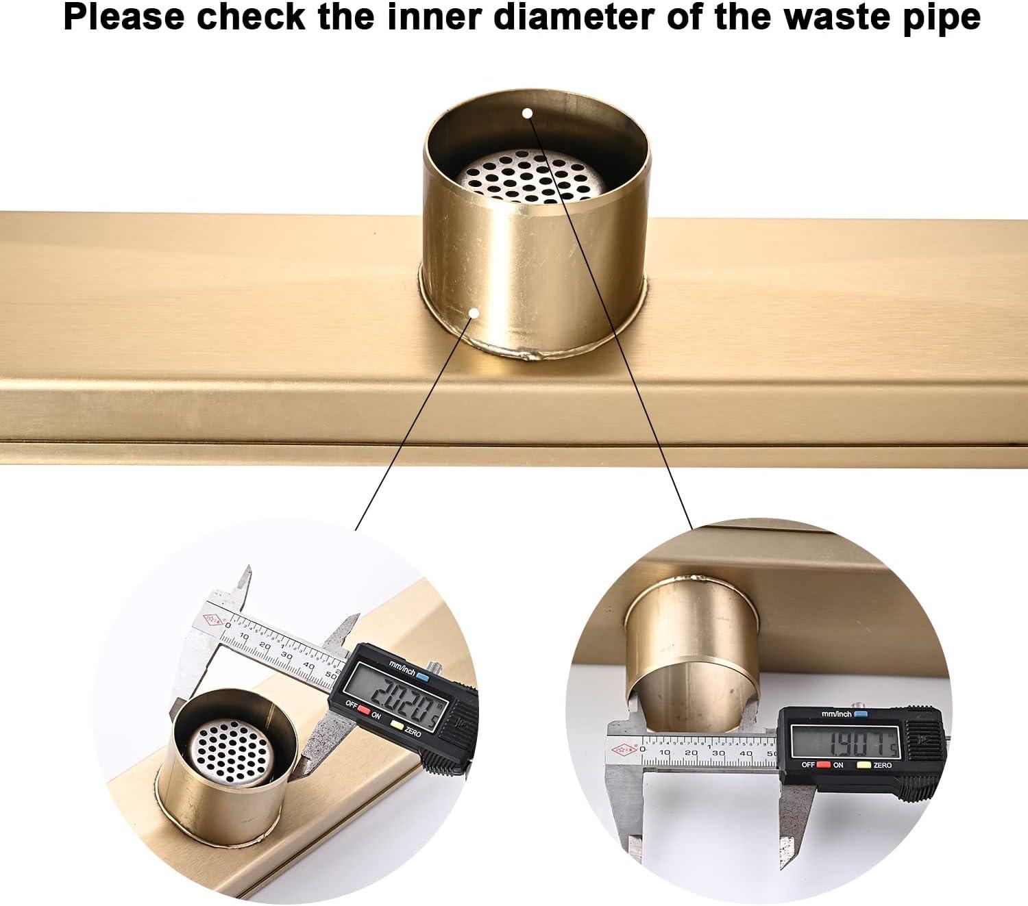 Linear Shower Floor Drain, Brushed Gold 30 Inch 304 Stainless Steel Bathroom Drains Kit, Rectangular Shower Trench Drain with Reversable Tile-in Pattern Drain Cover & Hair Catcher