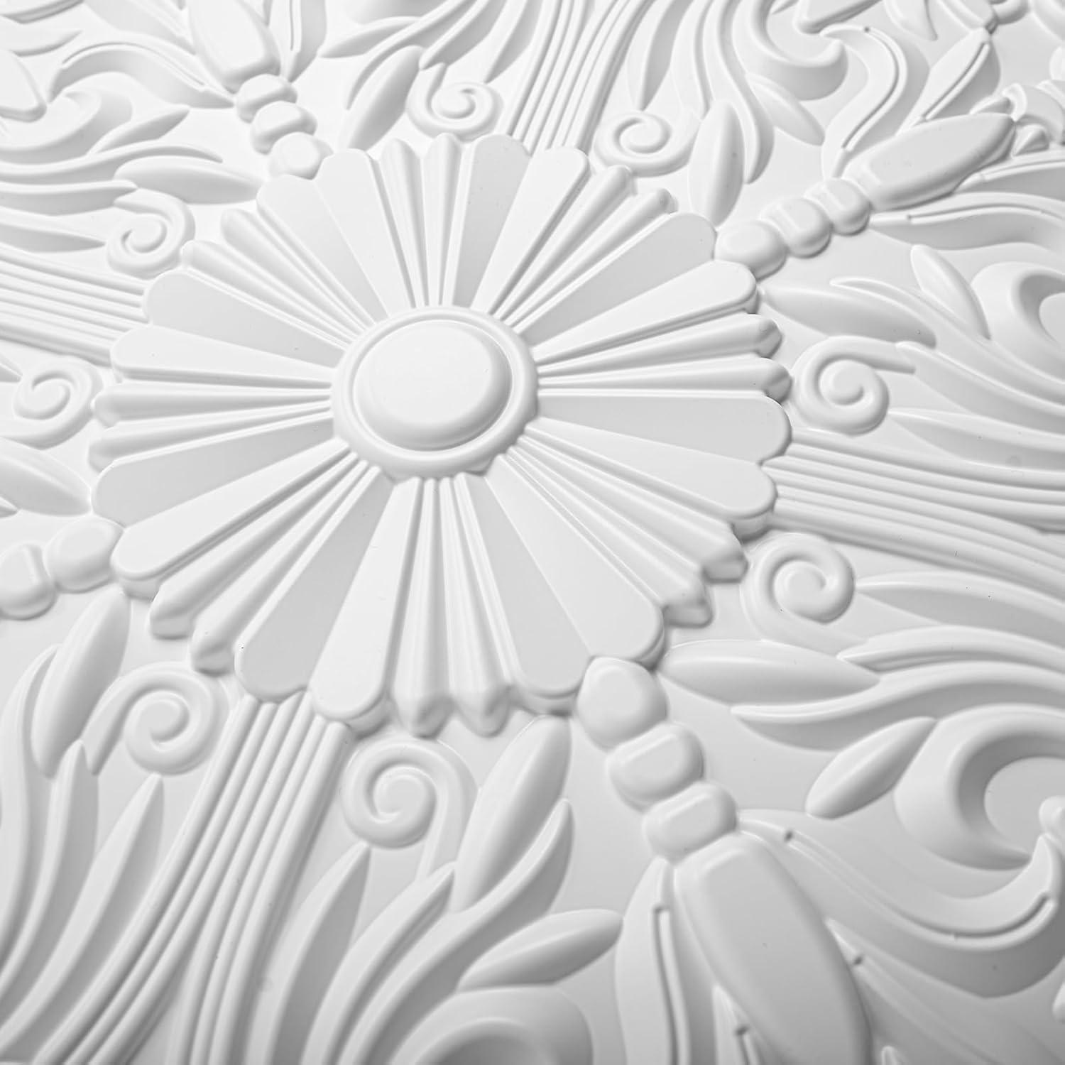 Art3d Art3d Decorative Ceiling Tile 2x2 Glue up, Lay in Ceiling Tile 24x24 Pack of 12pcs Spanish Floral in Matt White