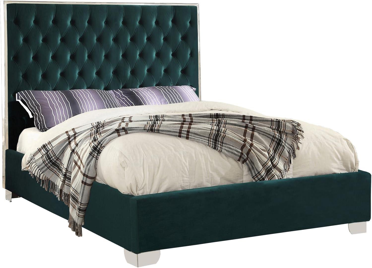 Luxurious Green Velvet Upholstered King Bed with Tufted Headboard