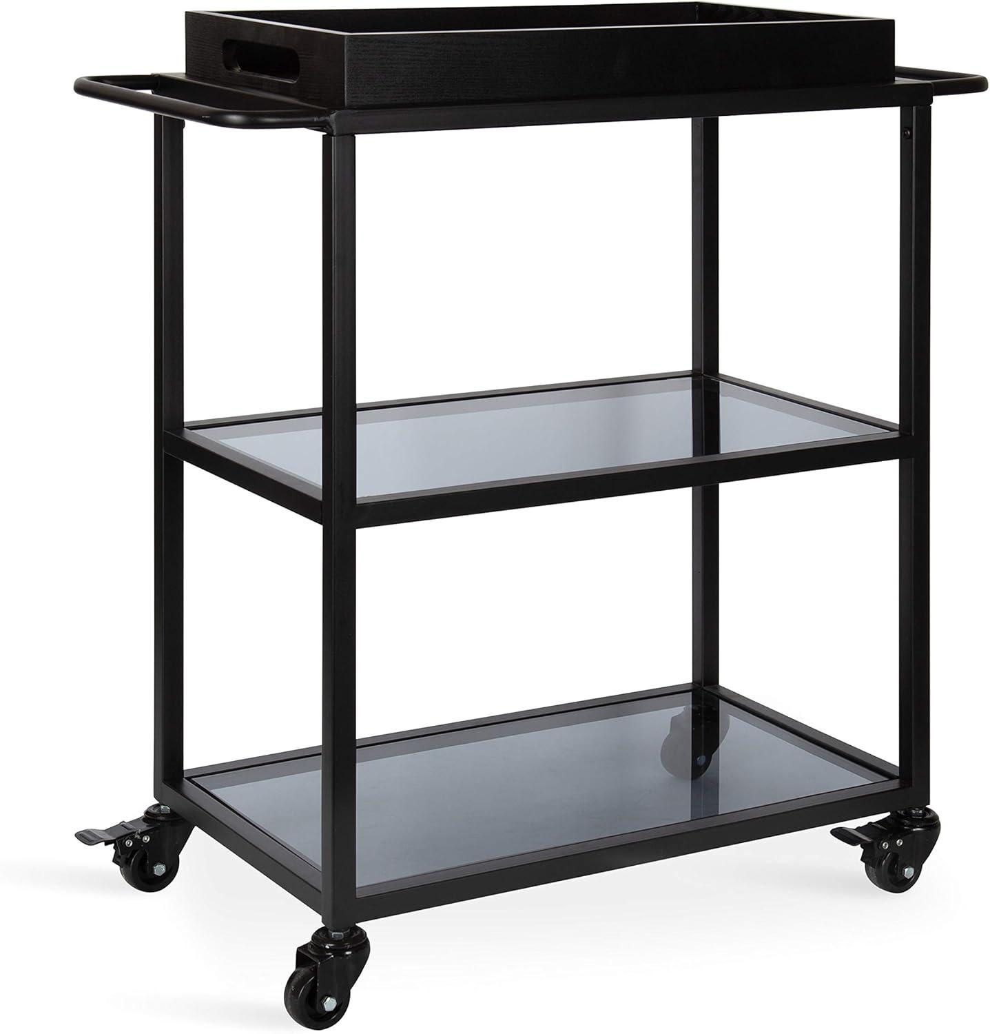 Black Metal Bar Cart with Glass Shelves and Tray