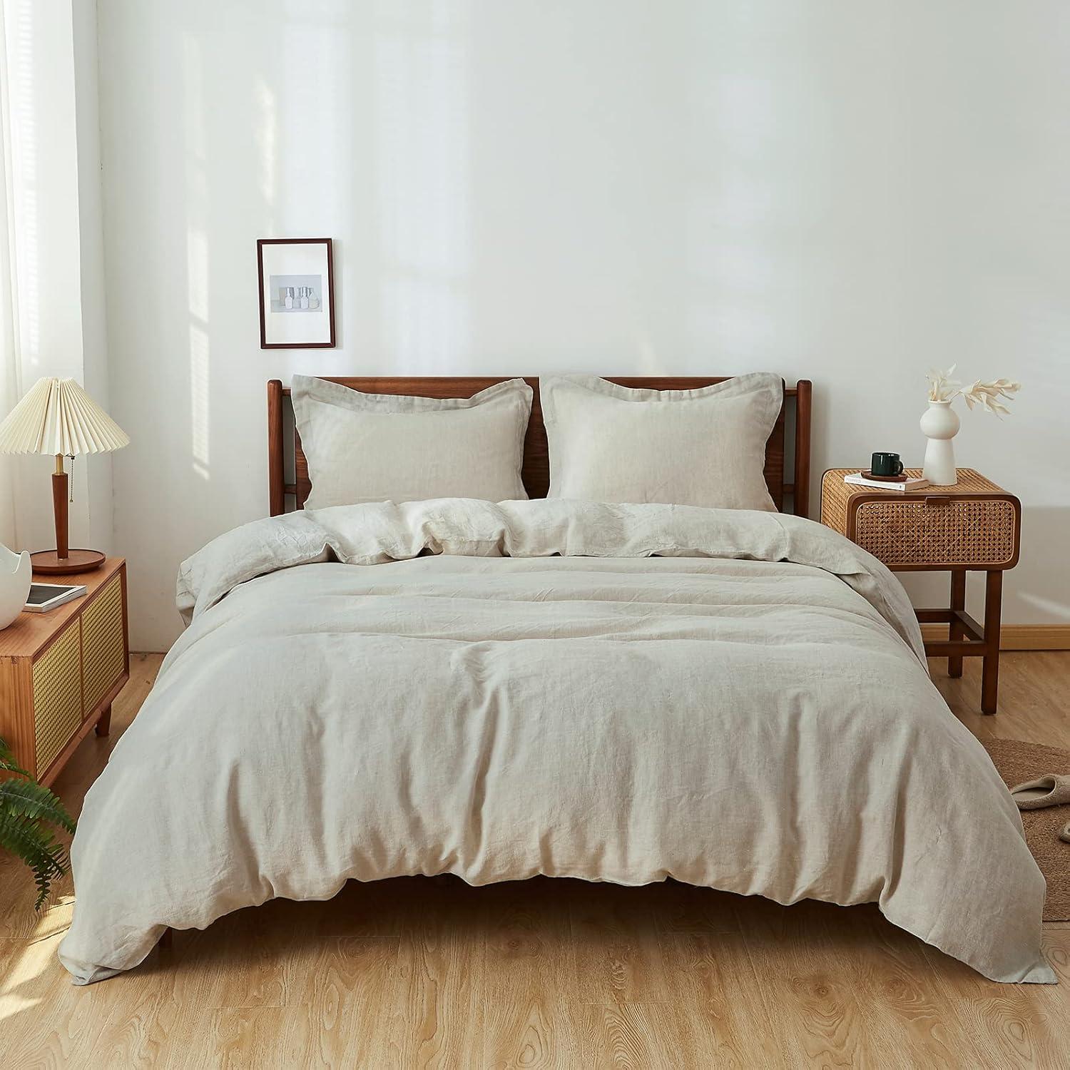 Natural Linen King Duvet Cover Set with Button Closure