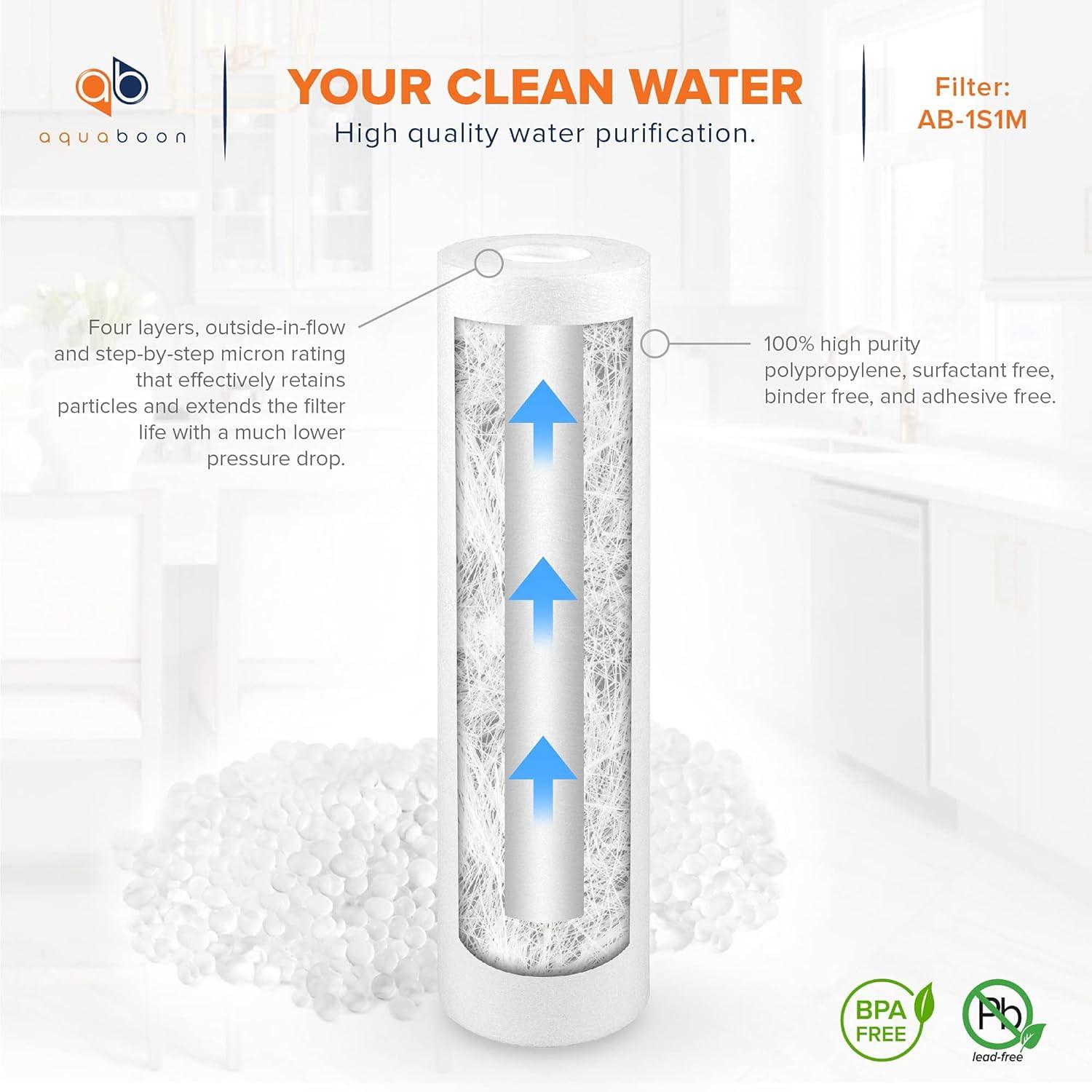 Aquaboon 6-Pack of 1 Micron 10" Sediment Water Filter Replacement Cartridge for Any Standard RO Unit | Whole House Sediment Filtration | Compatible with DuPont WFPFC5002, Pentek DGD series, RFC