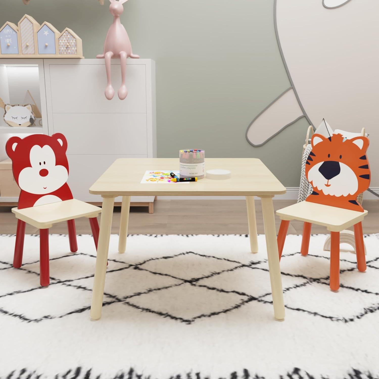 Natural Wood Kids Activity Table with Bear and Tiger Chairs