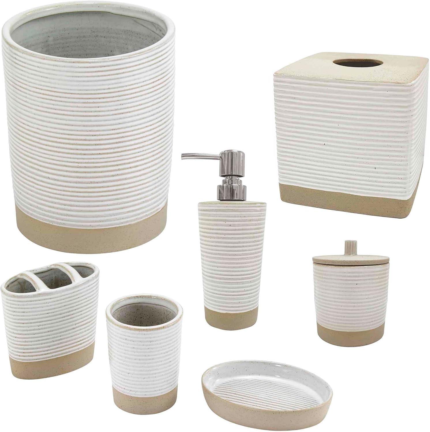 White and Beige Ceramic Bathroom Accessory Set