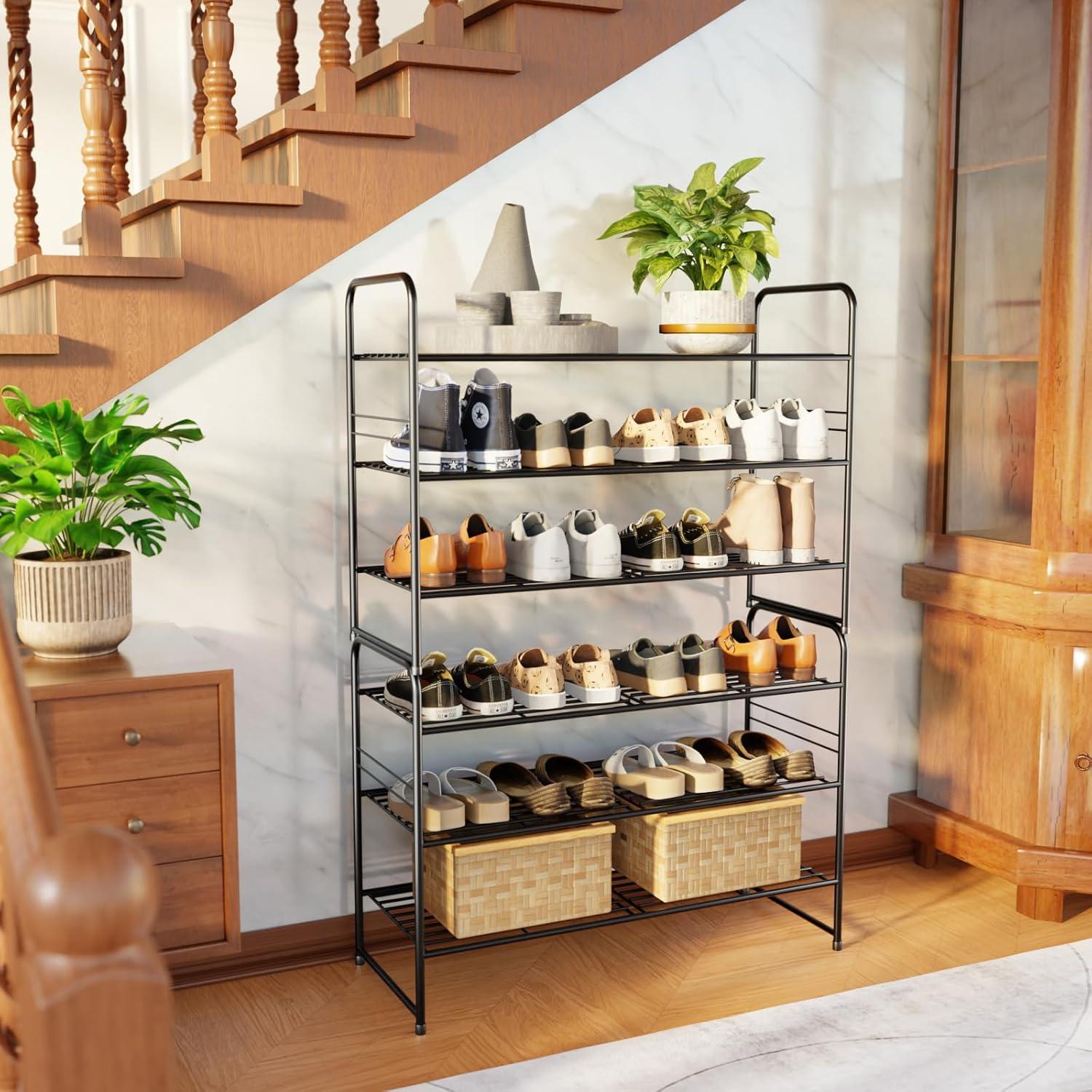 YASONIC Shoe Rack Storage Organizer, 3-Tier Black Shoe Shelf, 24 Pairs, Iron Poles & Plastic Connectors
