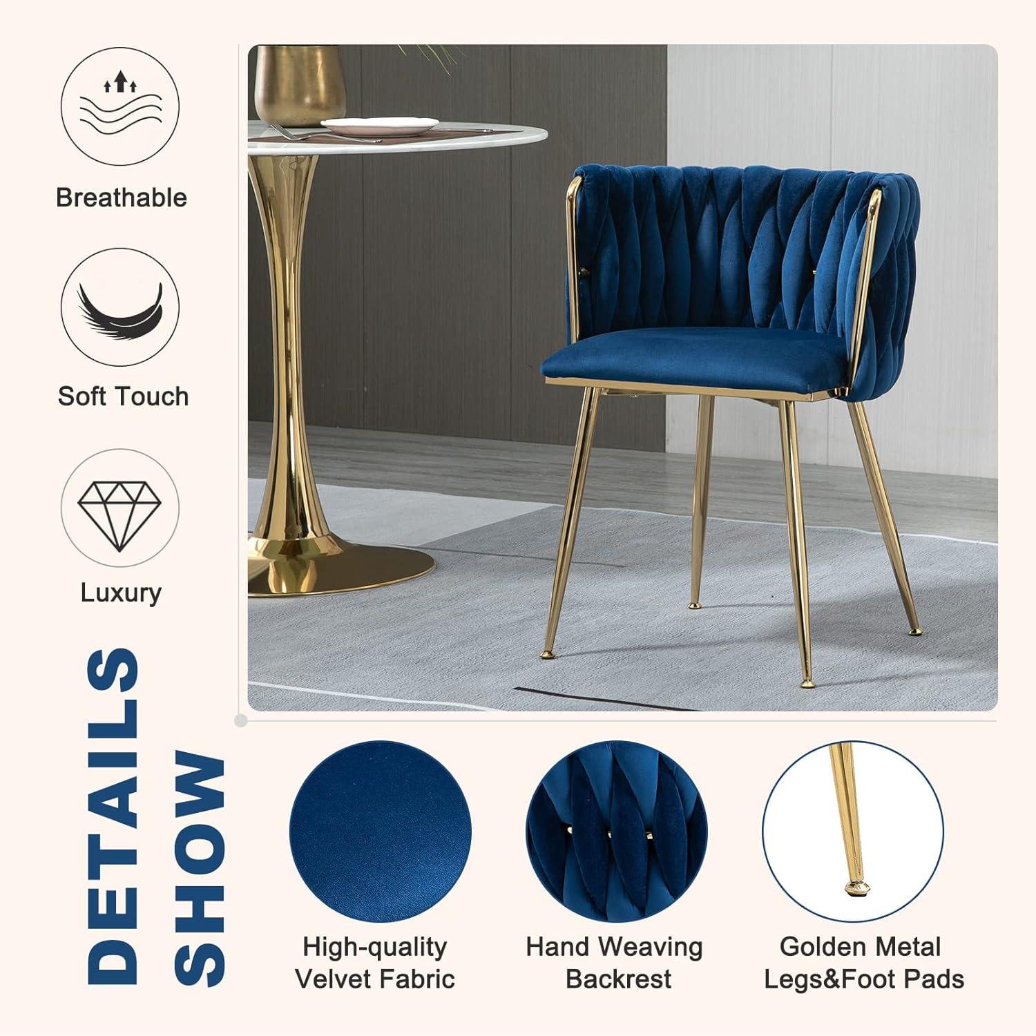 Velvet Dining Chairs Set of 2,Accent Chair with Hand Woven Hollow Backrest and Padded Seat Cushion, Side Chairs with Gold Metal Legs, for Dining Room, Living Room,Kitchen, Vanity Room