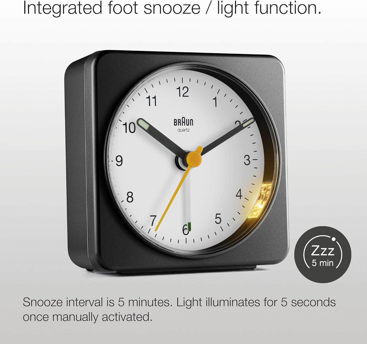 Braun Classic Analogue Alarm Clock with Snooze and Light, Quiet Quartz Sweeping Movement, Crescendo Beep Alarm in Black and White, Model BC03BW.
