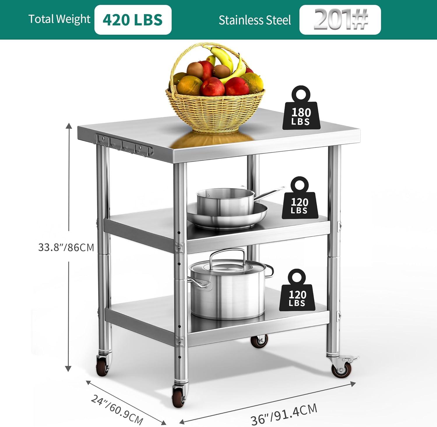 Dextrus Stainless Steel Table, 36" X 24" Work Table with Wheels, 3 Shelves Metal Table Prep Table for Home Kitchen Restaurant Garage Warehouse Outdoor