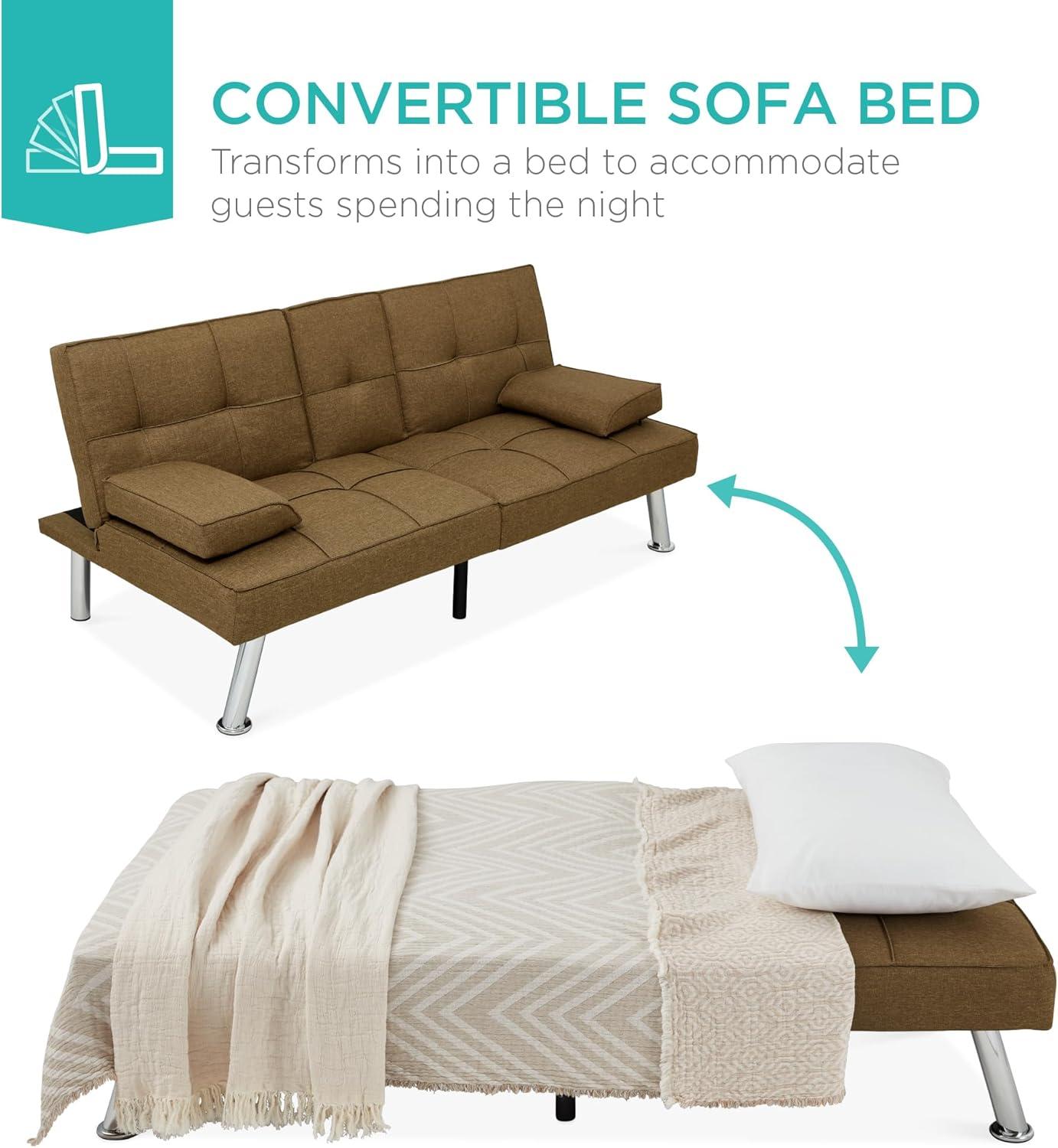 Best Choice Products Modern Linen Convertible Futon Sofa Bed w/ Removable Armrests, Metal Legs, Cupholders - Brown