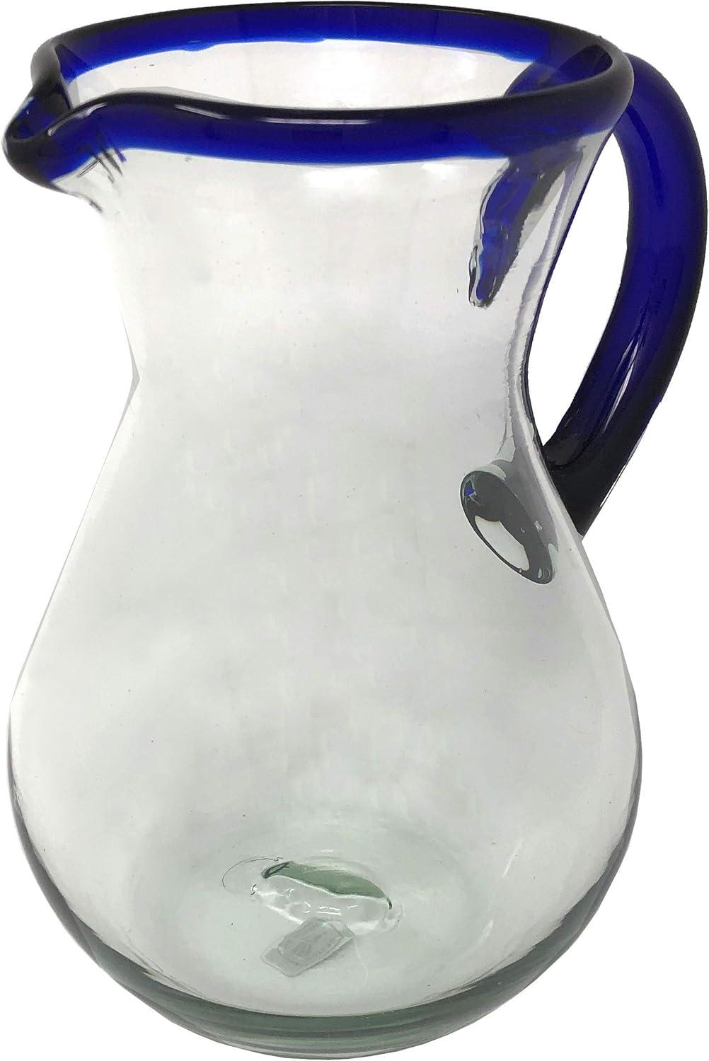 Dos Sueños Mexican Hand Blown  Pitcher - Blue Rim - 84oz -