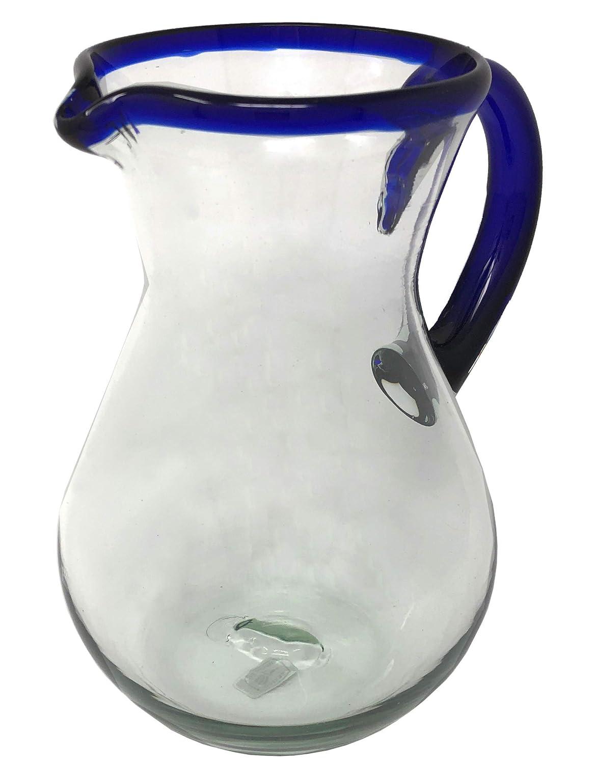 Dos Sueños Mexican Hand Blown  Pitcher - Blue Rim - 84oz -