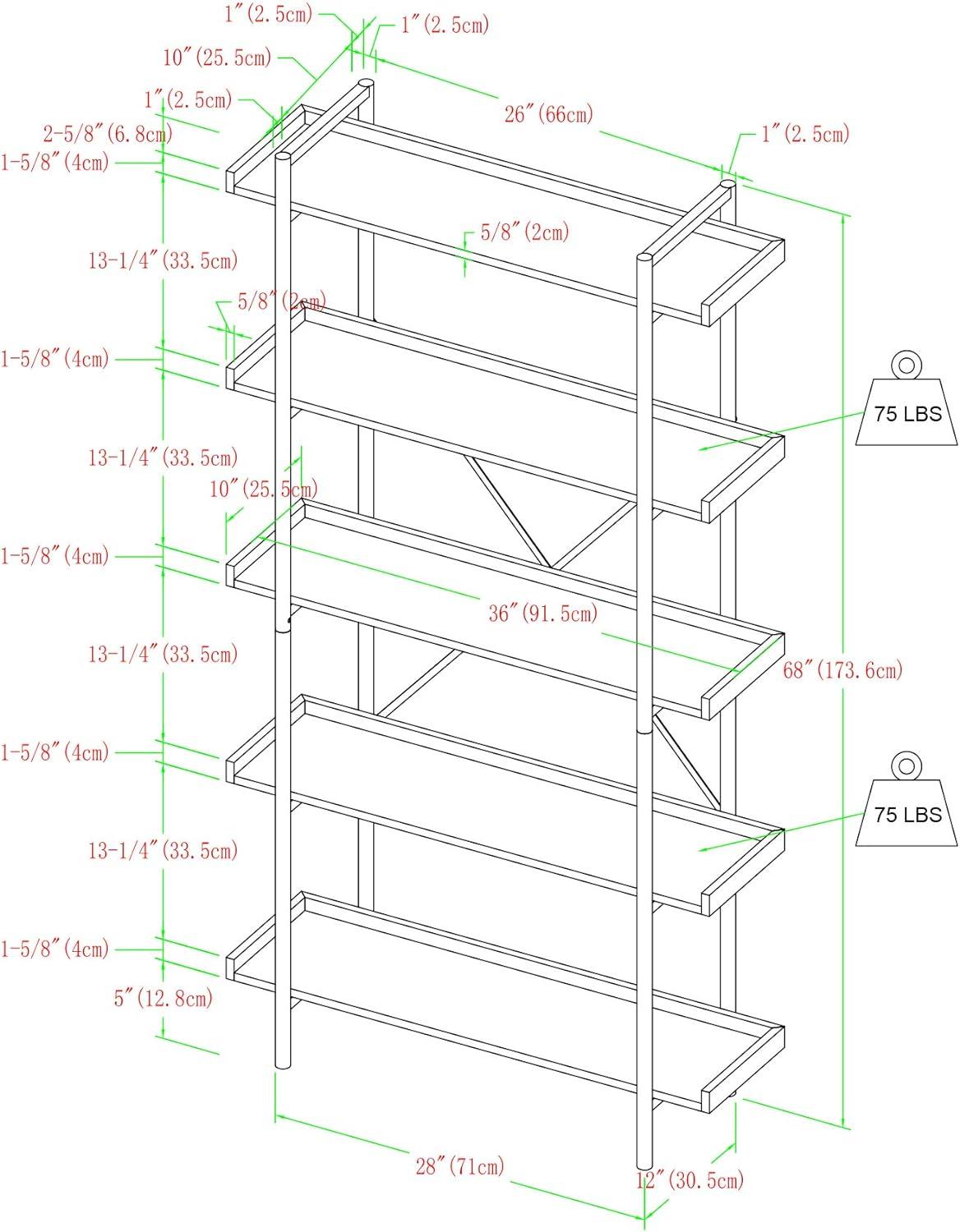 Urban Gray Wash 68" Industrial Metal 5-Shelf Bookcase