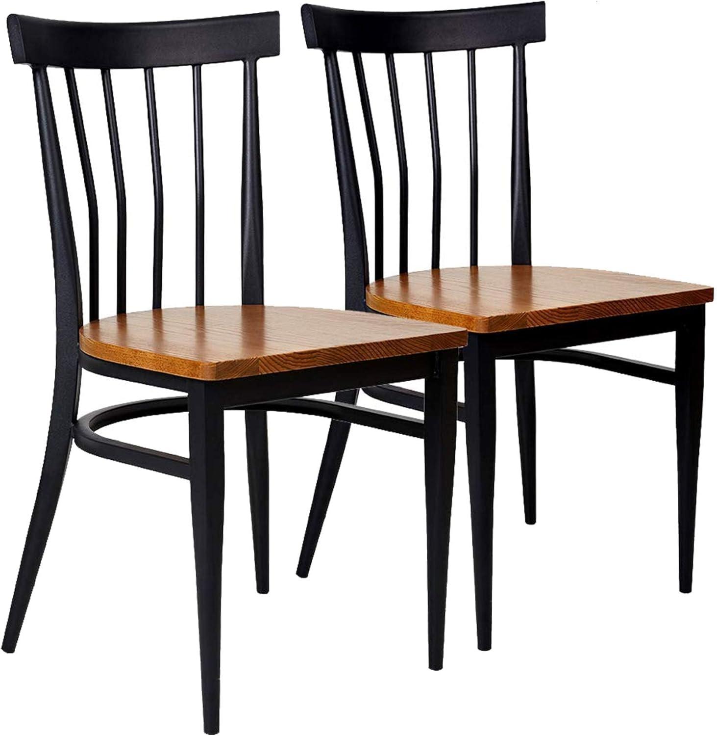 Black Metal High Back Slat Side Chair Set with Wood Seat