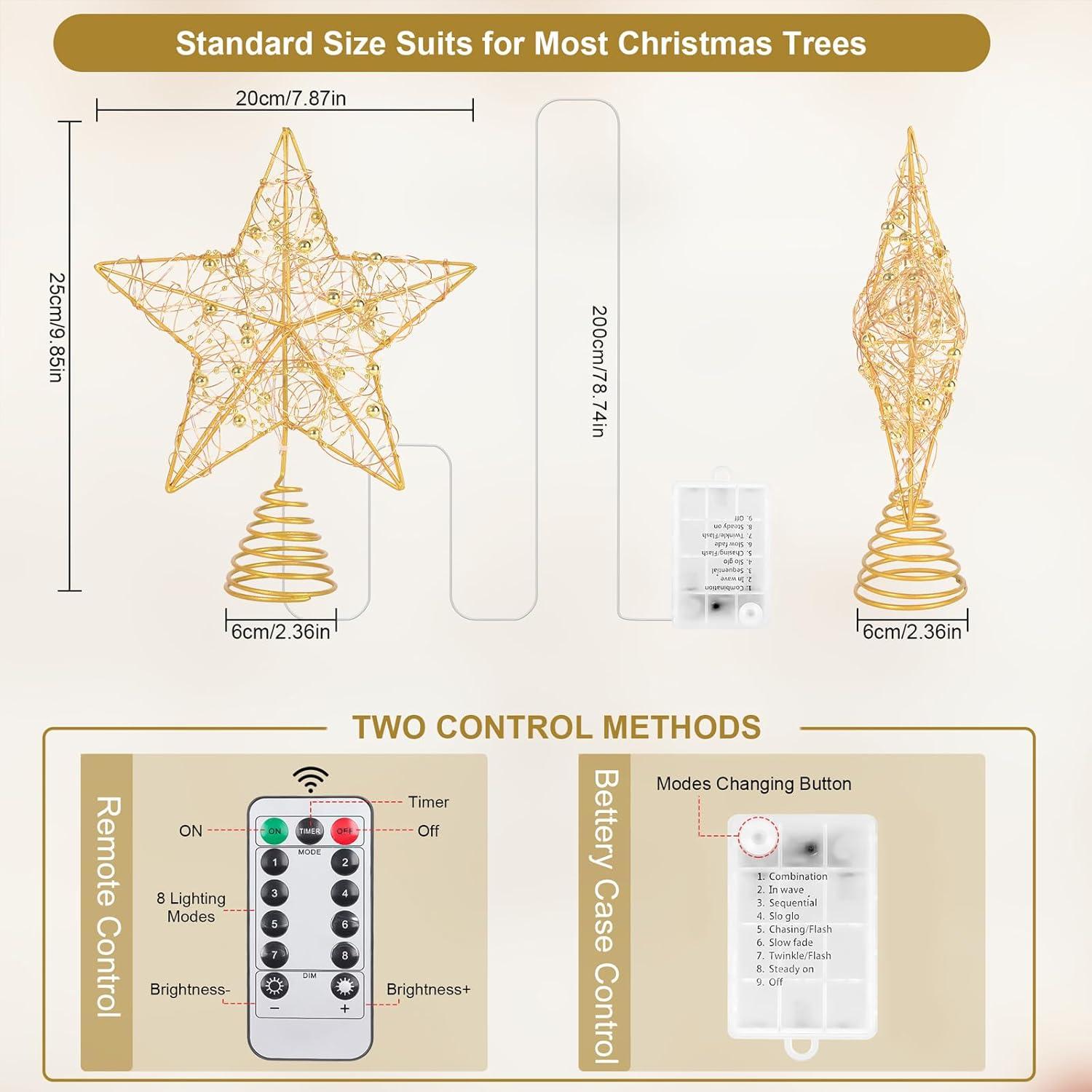 Gold LED Metal Star Christmas Tree Topper with Remote