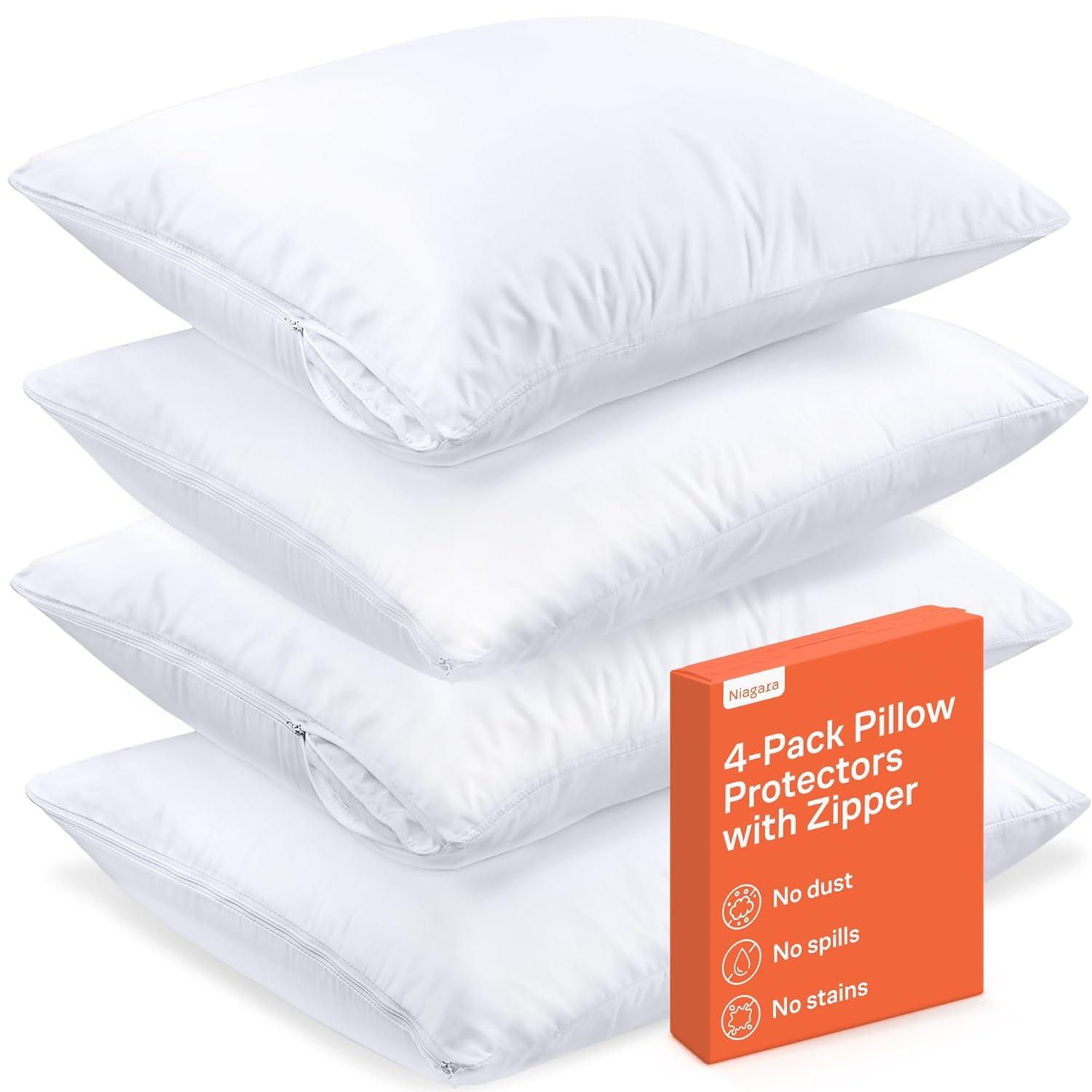 Ultra Soft Pillow Protectors with Zipper King Size - Set of 4 Breathable Pillow Covers - 100% Protection Against Stains, Dust & Dirt - Machine Washable (White)