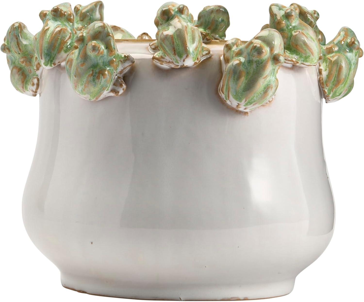 Creative Co-Op Decorative Stoneware Planter with Frog Figurine Rim, White and Green