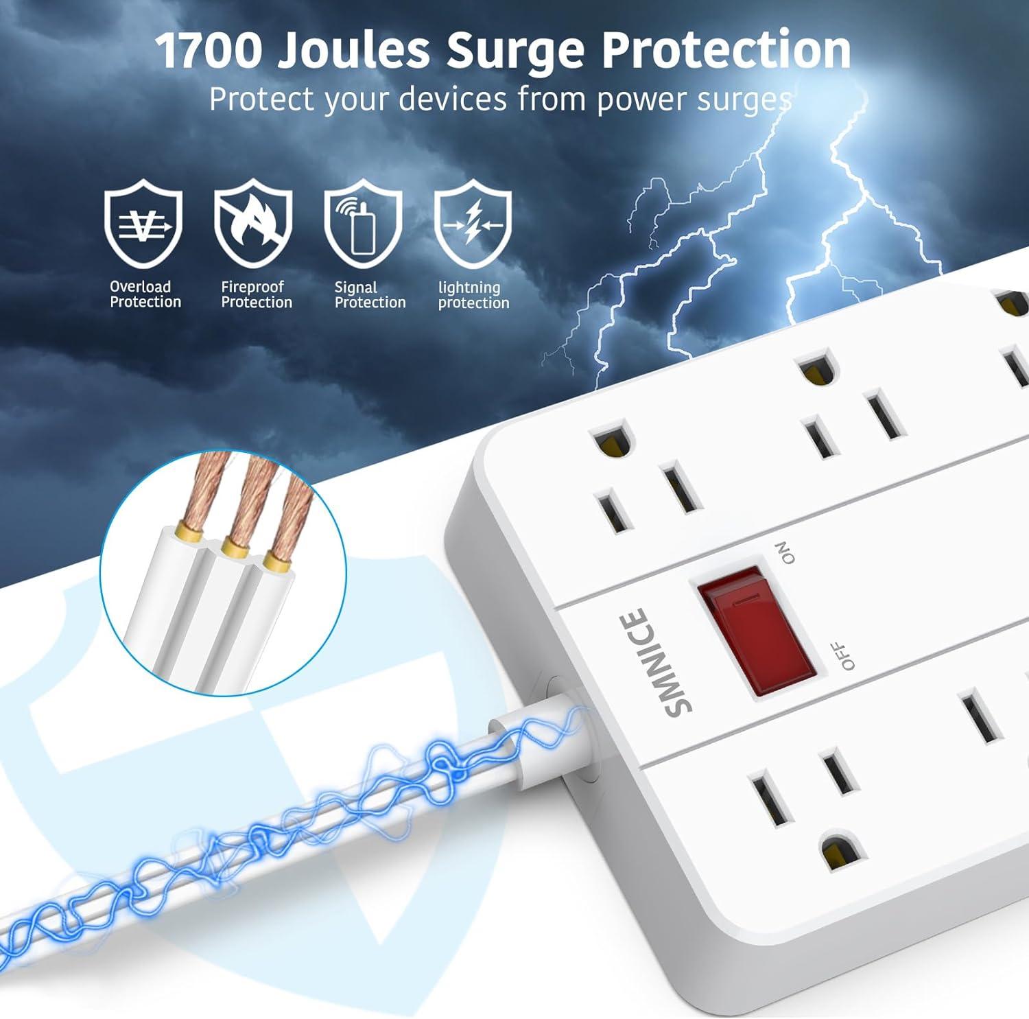 White 5 ft Power Strip with 8 Outlets and 6 USB Ports