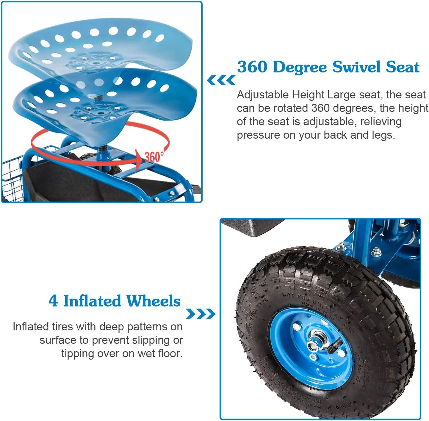 Rolling Garden Cart Scooter Stool - Garden Seat with Wheels Garden Cart with Seat, Adjustable Handle 360 Degree Swivel (Blue)