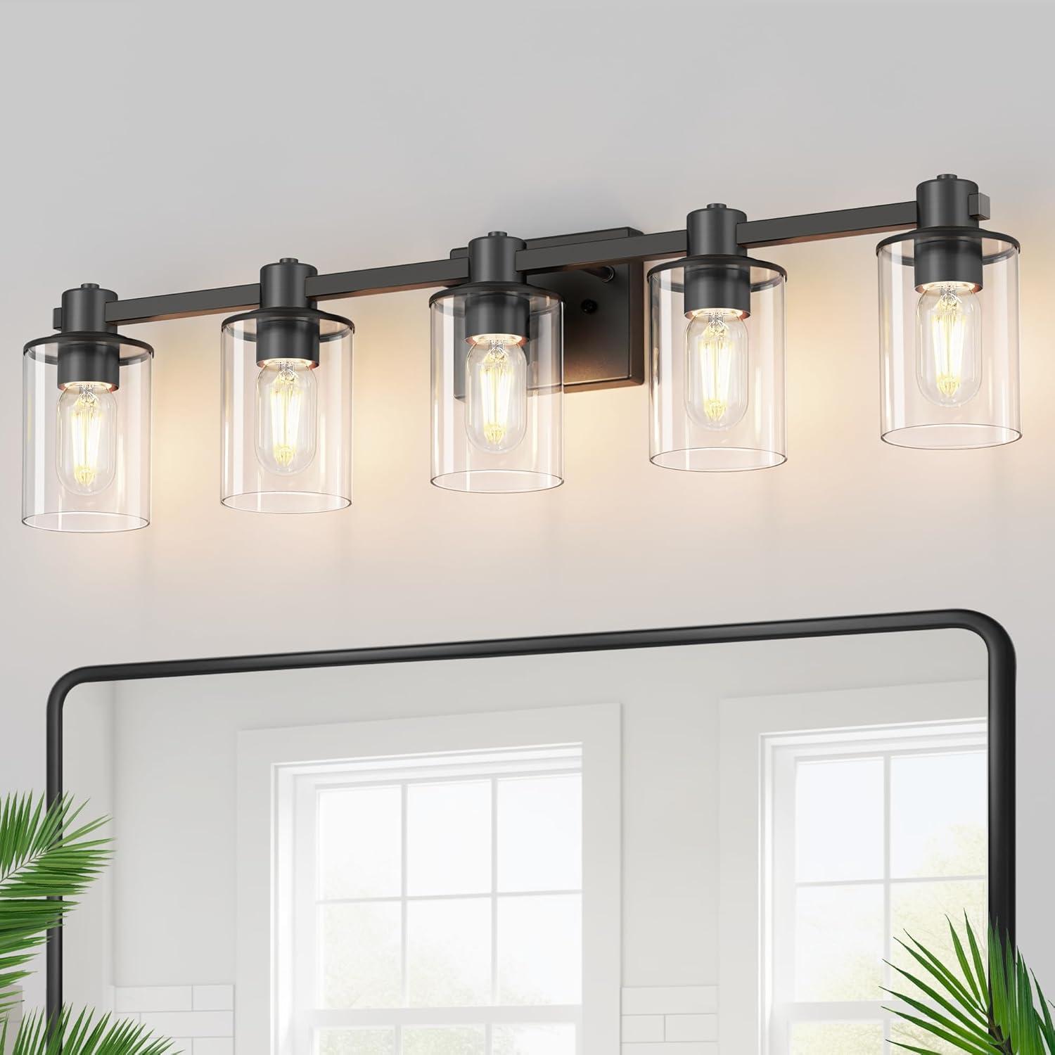 Matte Black 5-Light Bathroom Vanity Fixture with Glass Shades