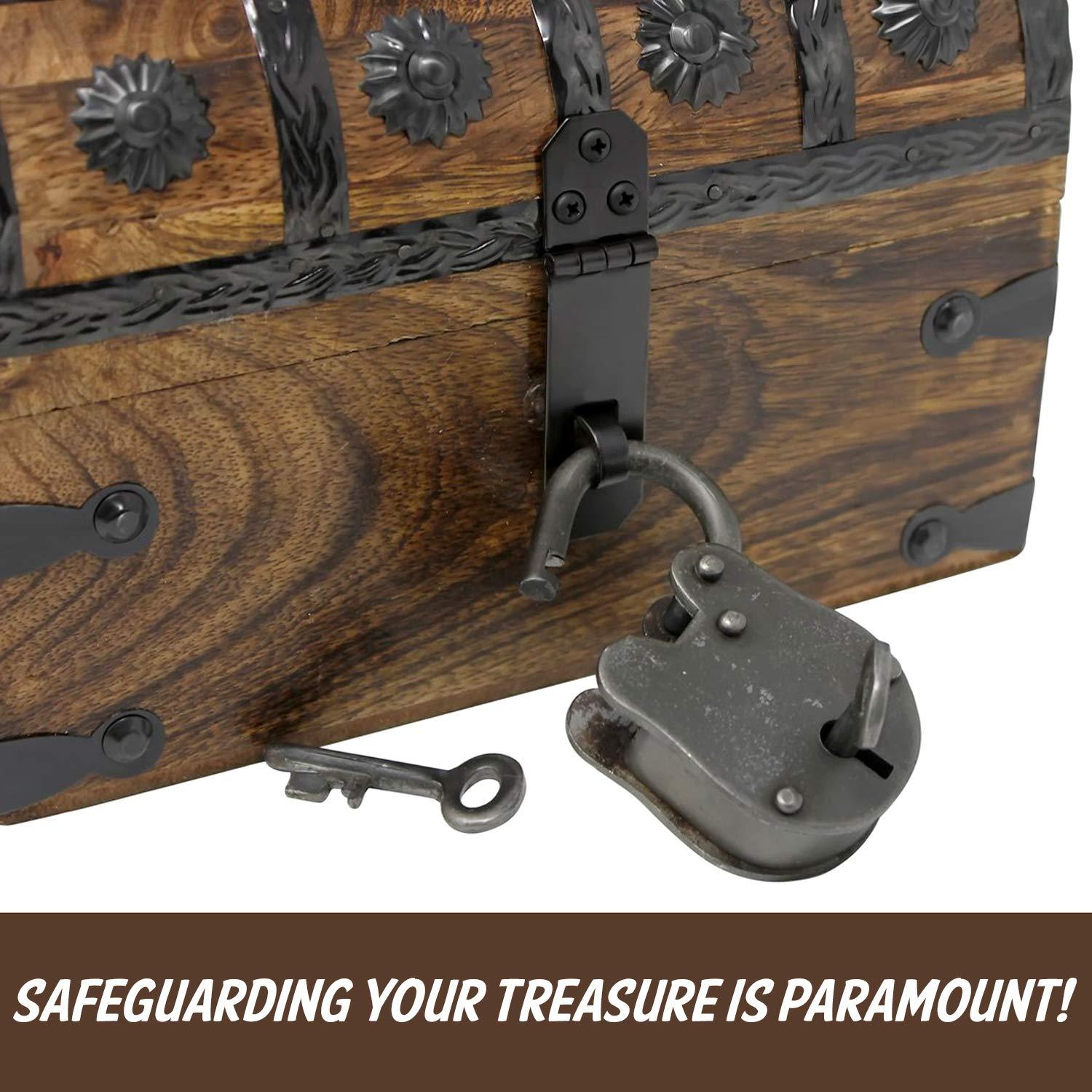 Nautical Cove Wooden Treasure Chest with Padded Velvet Lining and Antique Lock with Skeleton Keys (Small 8x6x6) – Luxury Wood Pirate Chest, Wooden Keepsake Box, Decorative Box with Lid