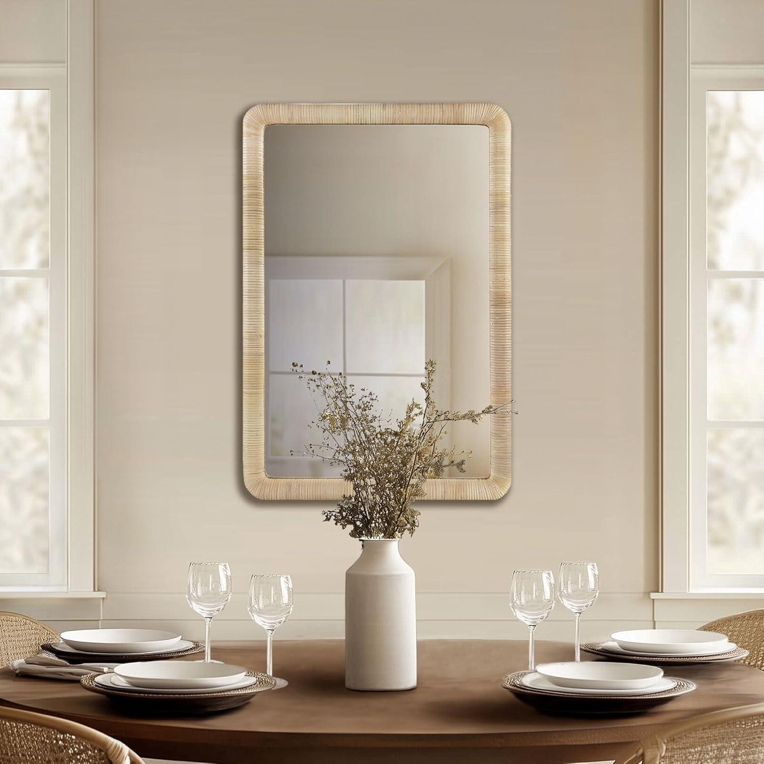 Nova Natural Rattan Rectangle Wall Mirror - Ink+Ivy: Modern Style, Polystyrene Frame, Wall Mount