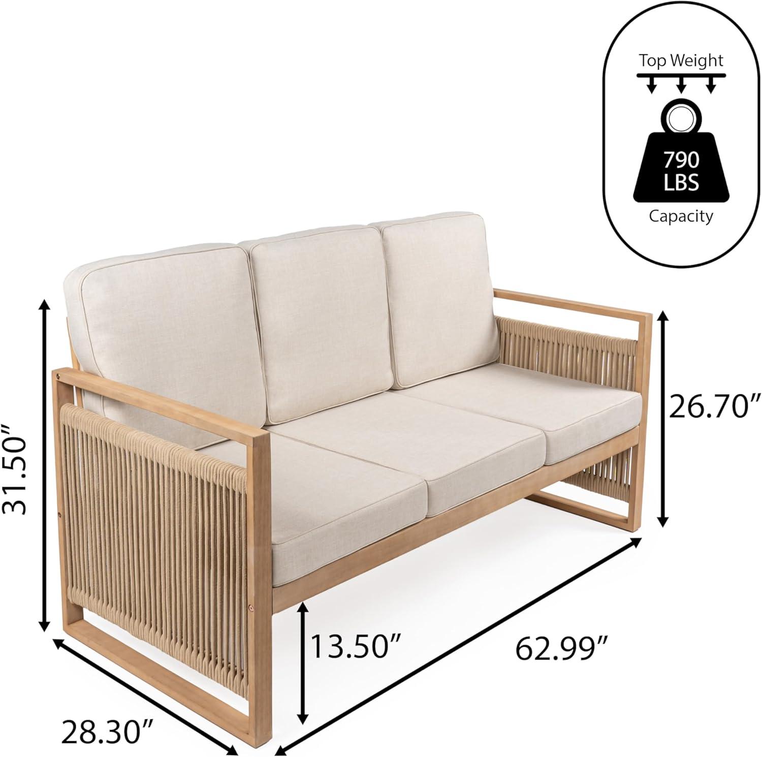 Gable 3-Seat Mid-Century Modern Roped Acacia Wood Outdoor Sofa with Cushions - JONATHAN Y