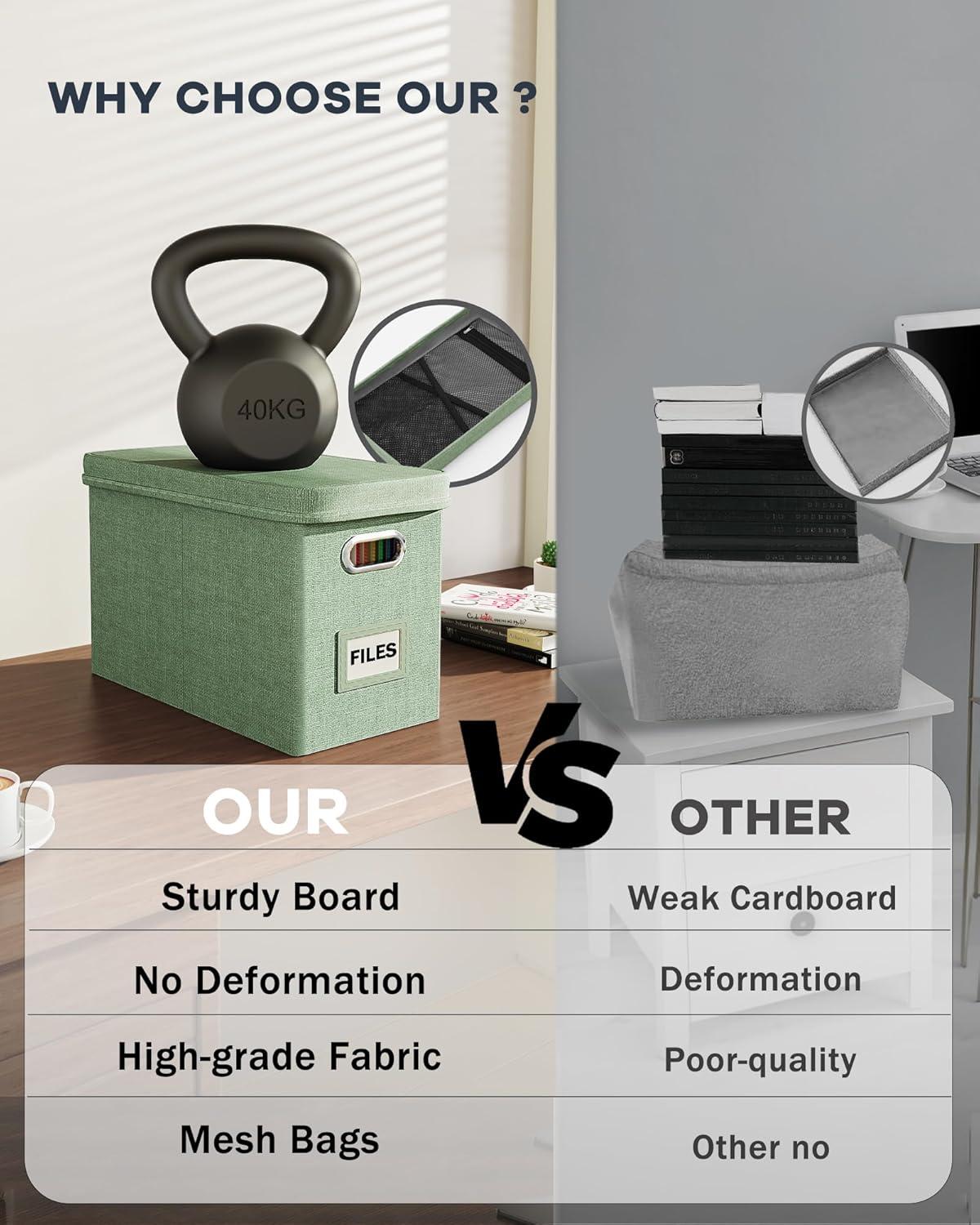 Oterri Hanging Filing File Box with Mesh Pocket, File Organizer Box with Lid, Collapsible Document Organizer Box for Letter Size, Easy Slide Durable Storage Box for Office/Decor/Home (2 PCS, Green)