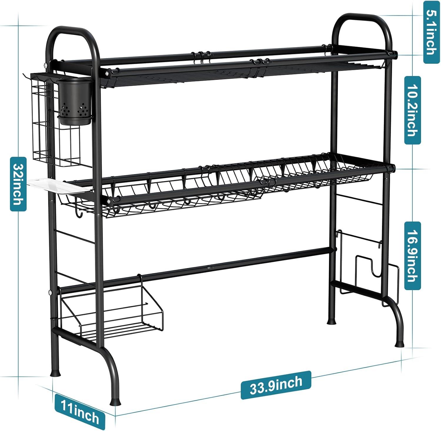 Black 3-Tier Stainless Steel Over Sink Dish Drying Rack with Utensil Holder