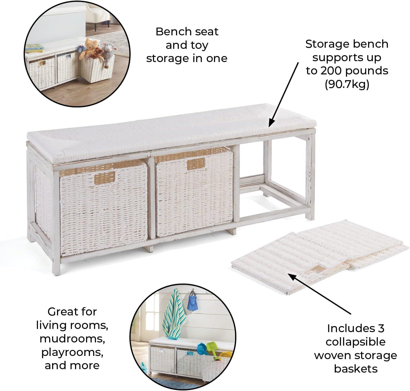 Kid''s Storage Bench With Woven Top And Baskets