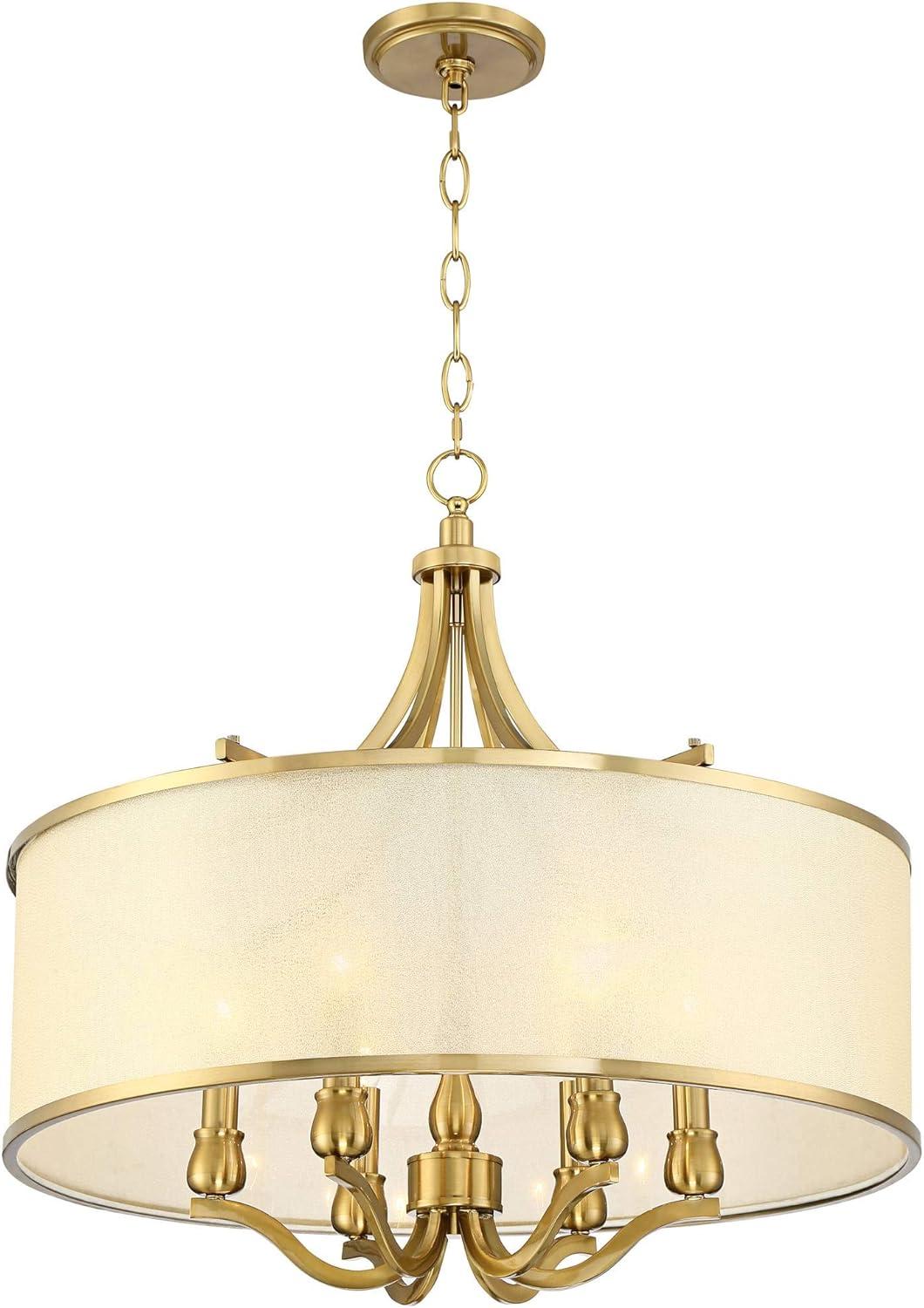 Possini Euro Design Sydney Warm Brass Drum Chandelier 25" Wide Modern Clear Gold Organza Shade 6-Light Fixture for Dining Room House Kitchen Island
