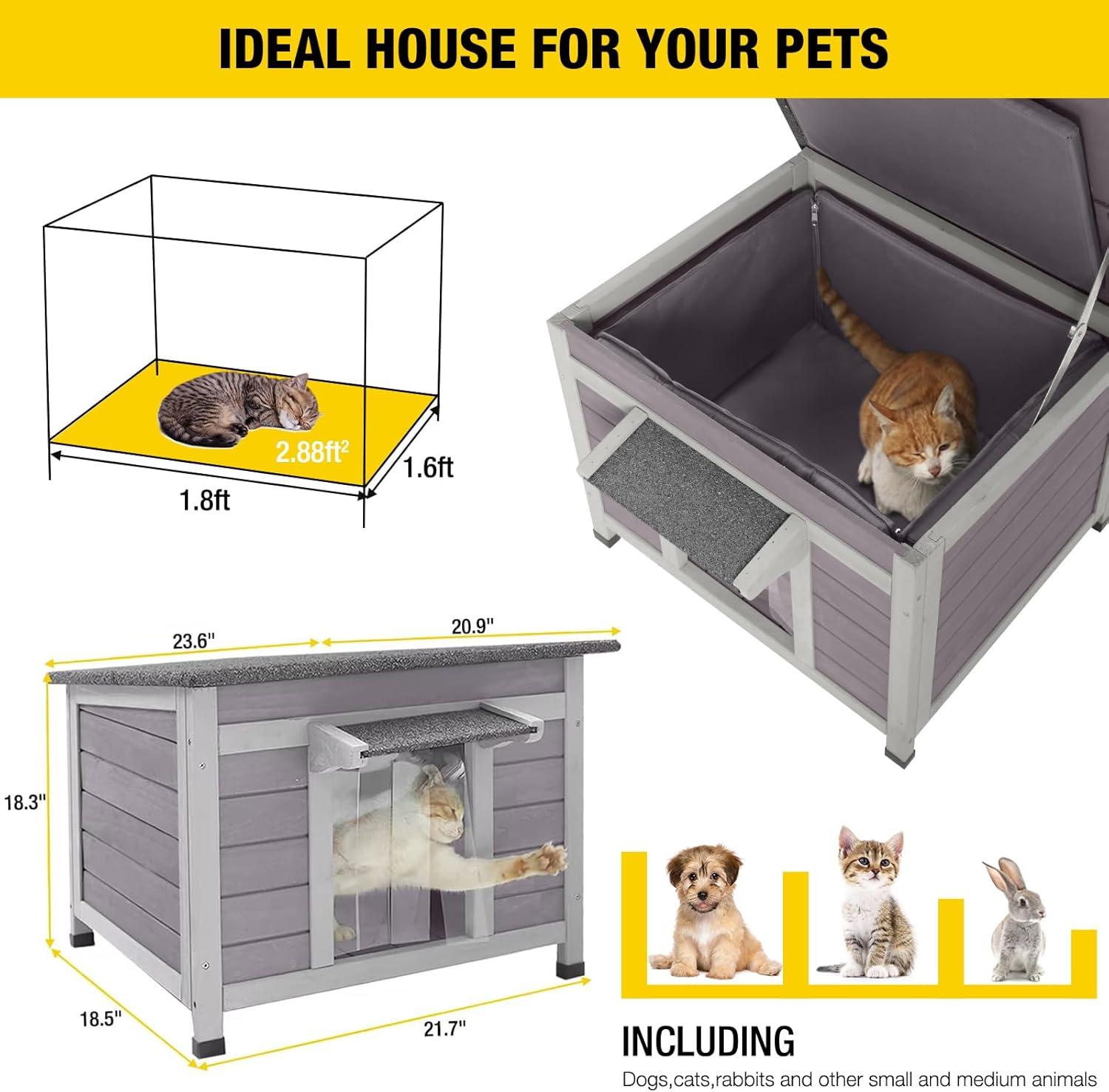 Insulated Outdoor Wooden Cat House with Warm Liner