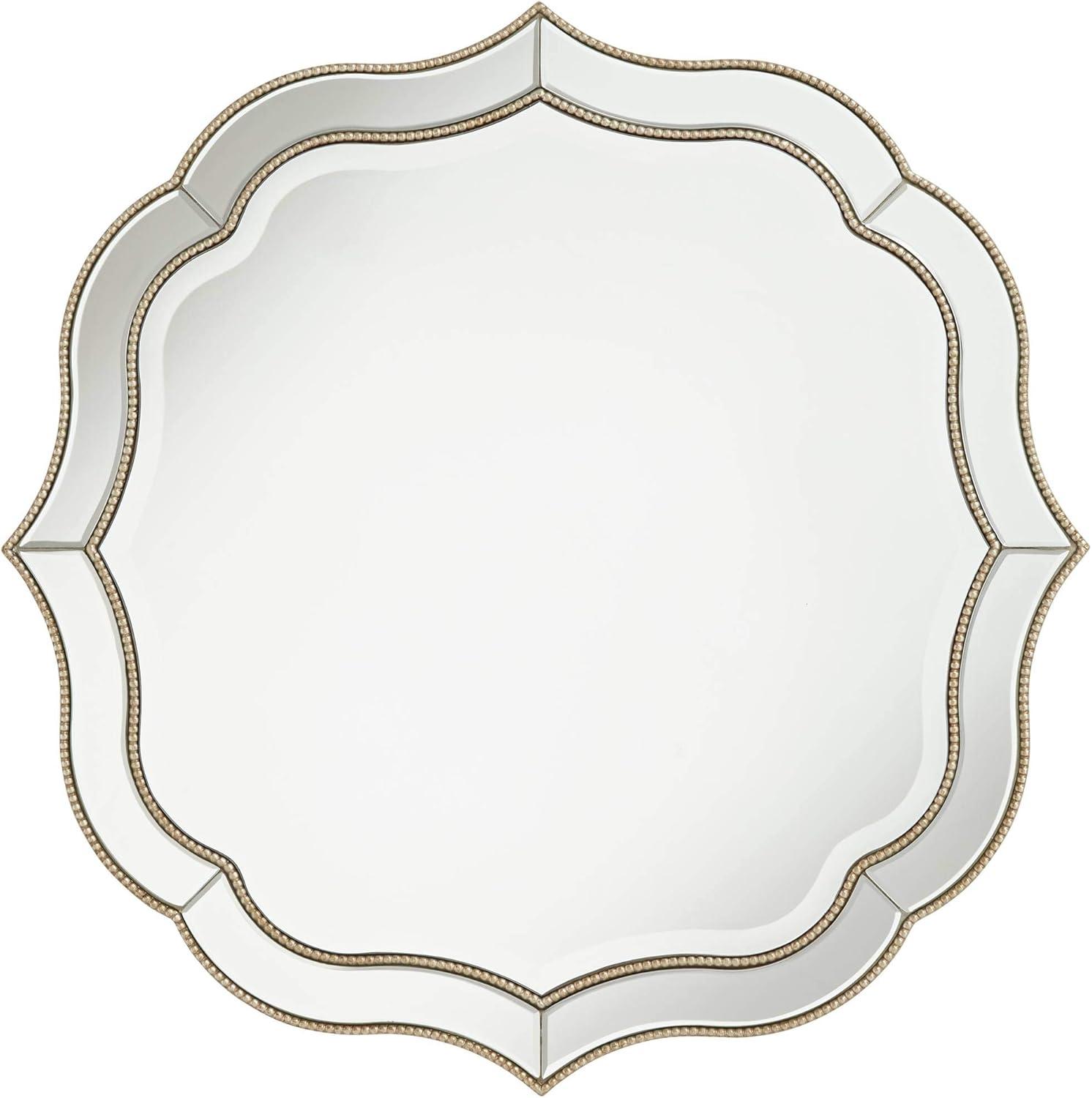 Scalloped Edge 37" Round Wall Mirror with Beaded Champagne Gold Frame