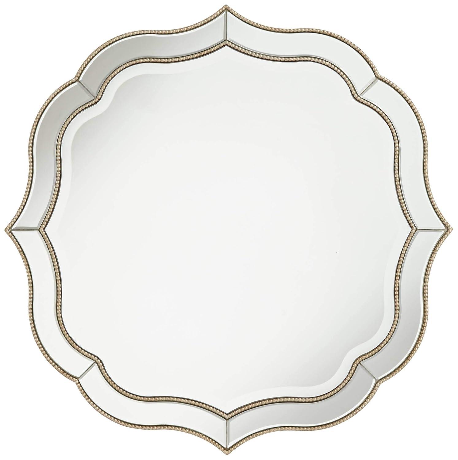 Noble Park Laureen Scalloped Round Vanity Wall Mirror Modern Beveled Glass Champagne Gold Beaded Frame 32" Wide for Bathroom Living Room Home Entryway