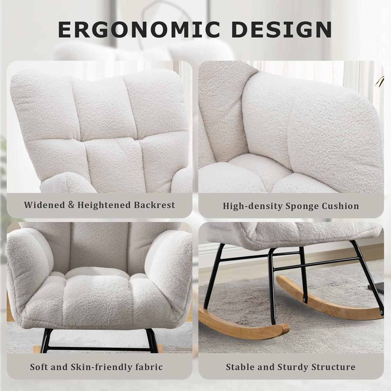 Nursery Rocking Chair Teddy, Upholstered Glider Rocker with High Backrest, Comfortable Stylish Accent Armchair with Padded Seat for Living Rooms, Bedrooms, Offices