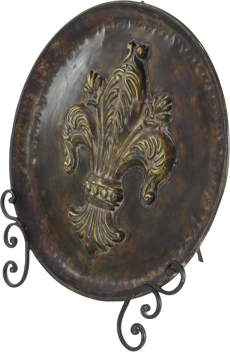 DecMode 14" Round Fleur De Lis Embossed Detail Brown Metal Charger with Stand