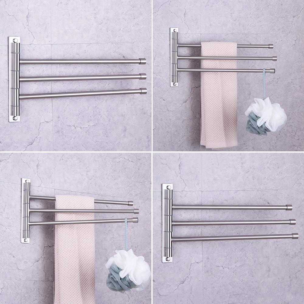 GERZWY Bath Towel Holder Swing Out Towel Bar SUS 304 Stainless Steel Bathroom Hand Towel Rack 3-Bar Folding Arm Swivel Hanger Wall Mount Brushed Finish HYG03-LS