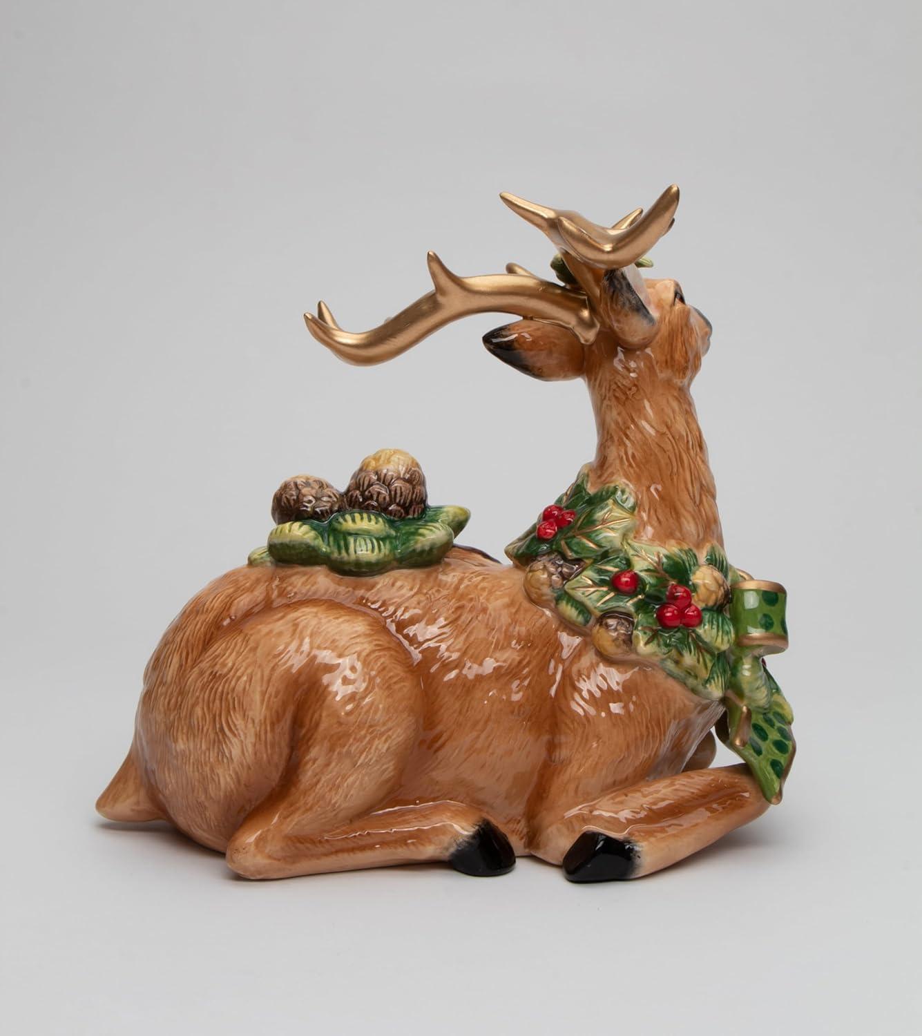 Ceramic Reindeer with Pine Cone Figurine, Christmas Decor