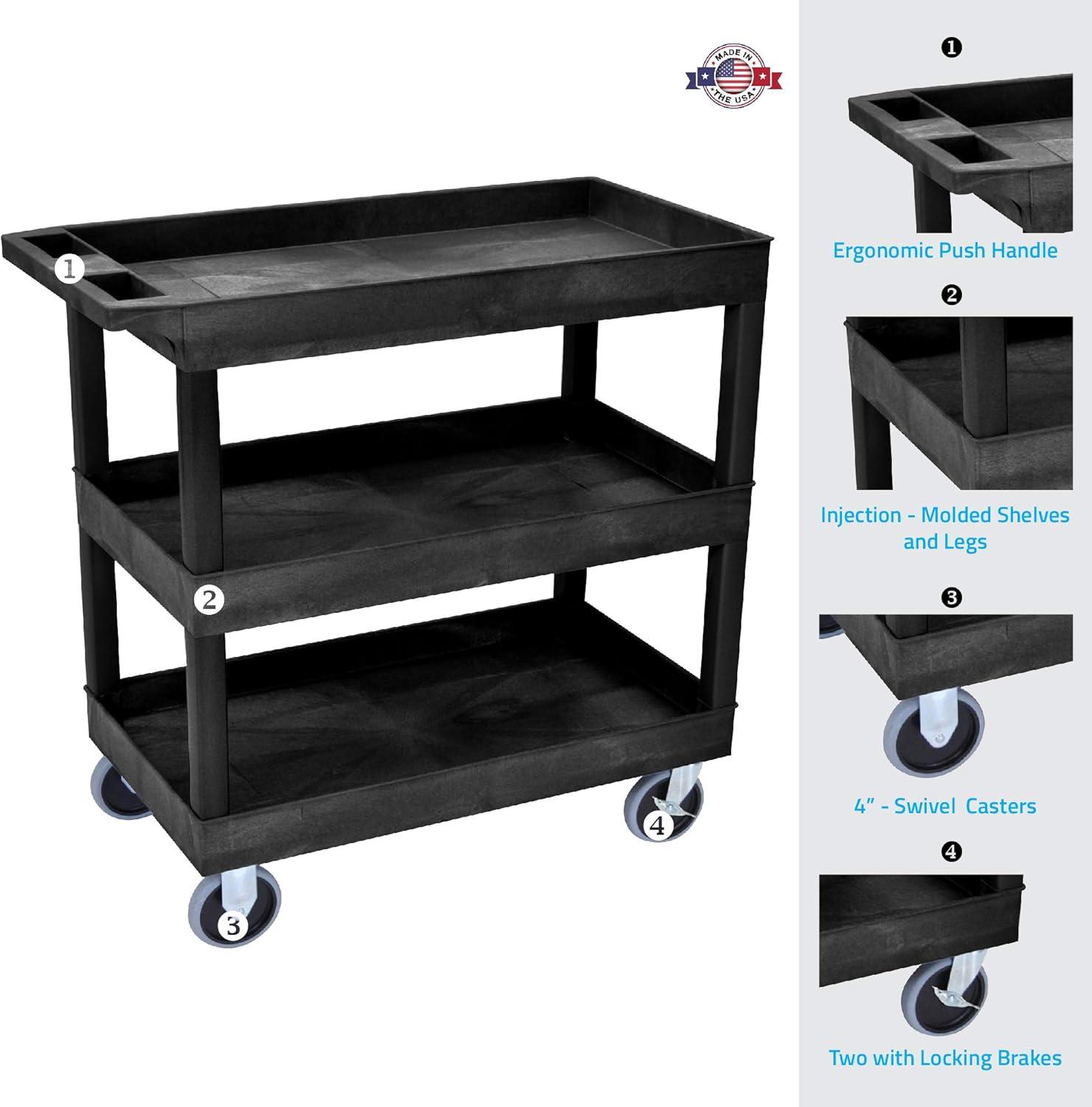 Heavy Duty Black 3-Shelf Utility Cart with Ergonomic Handle