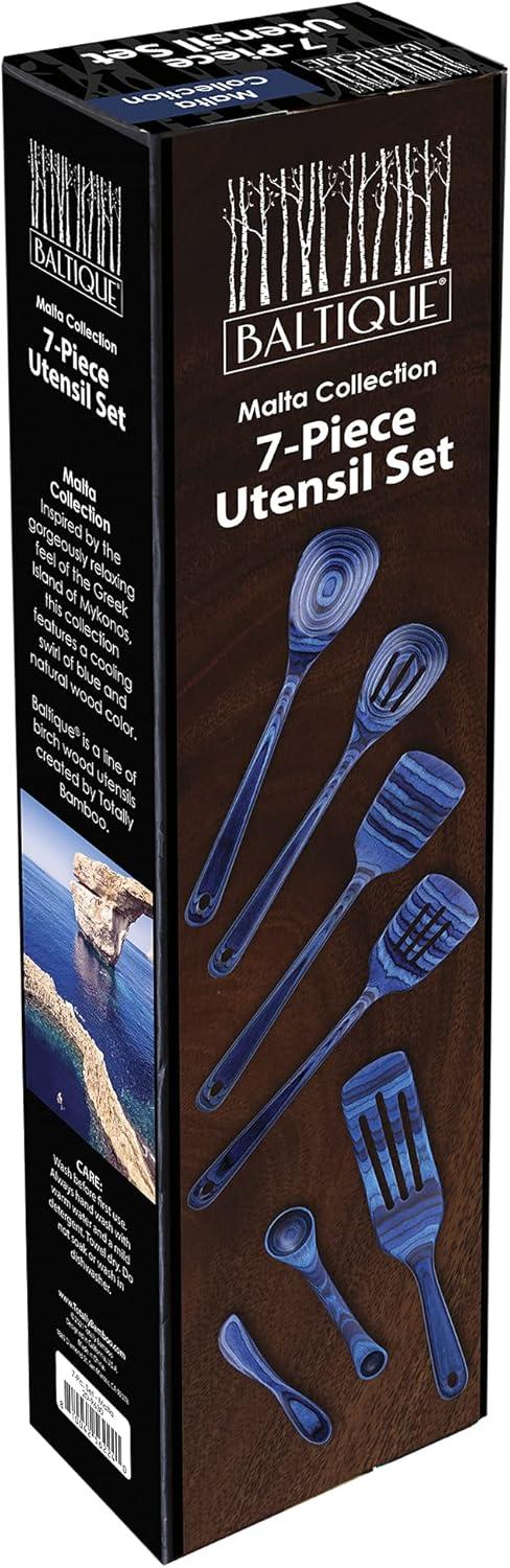 Baltique 7pc Malta Kitchen Utensil Set: Wood Cooking Tools, Hand Wash, Blue, Adult Use, Includes Measuring Spoons