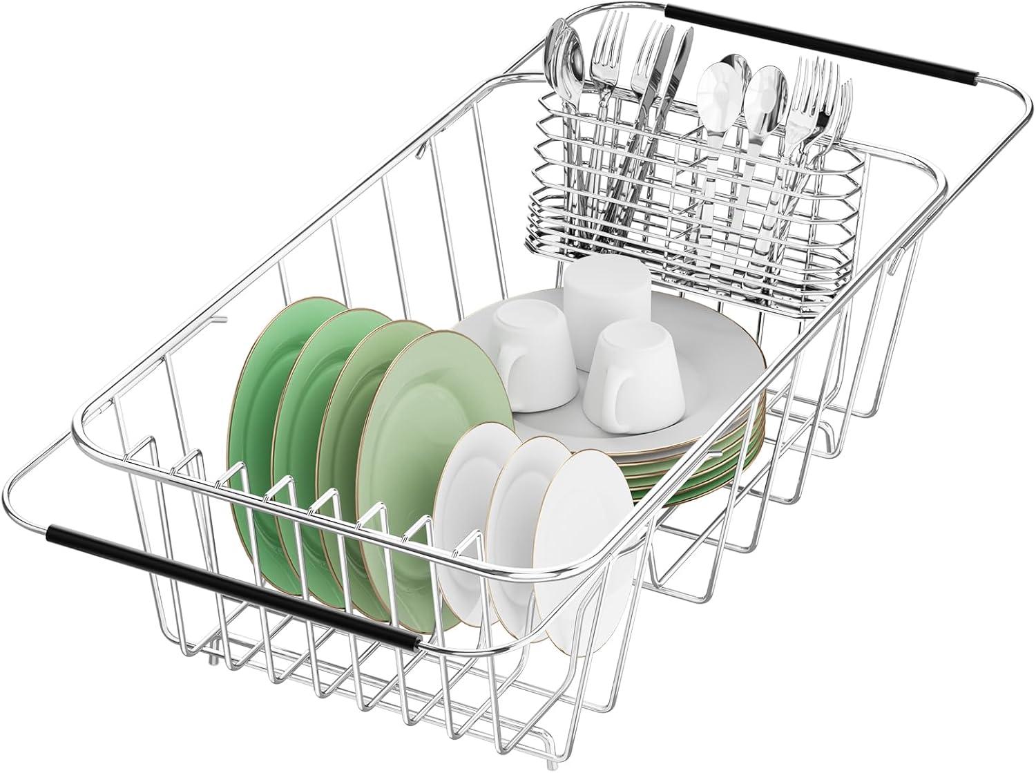 Adjustable Stainless Steel Dish Rack with Utensil Holder