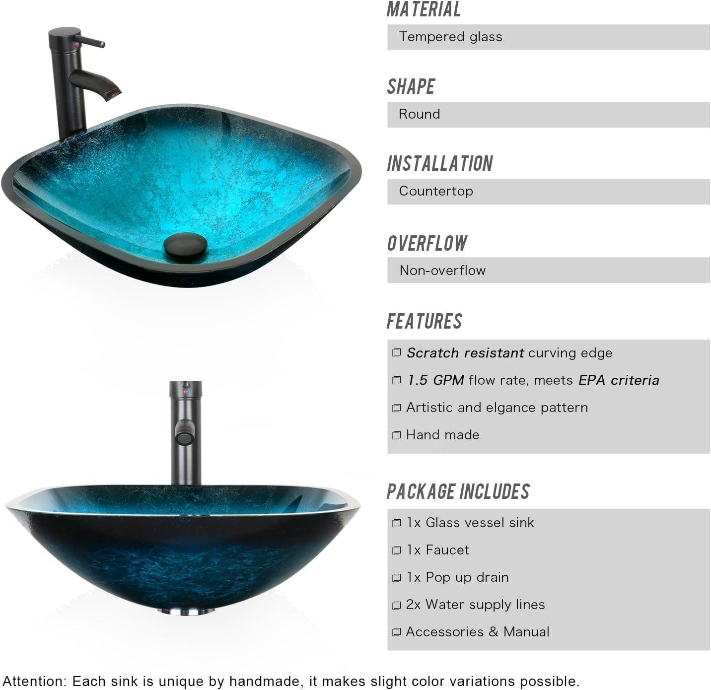 Turquoise Glass Above-Counter Vessel Sink with Faucet and Drain